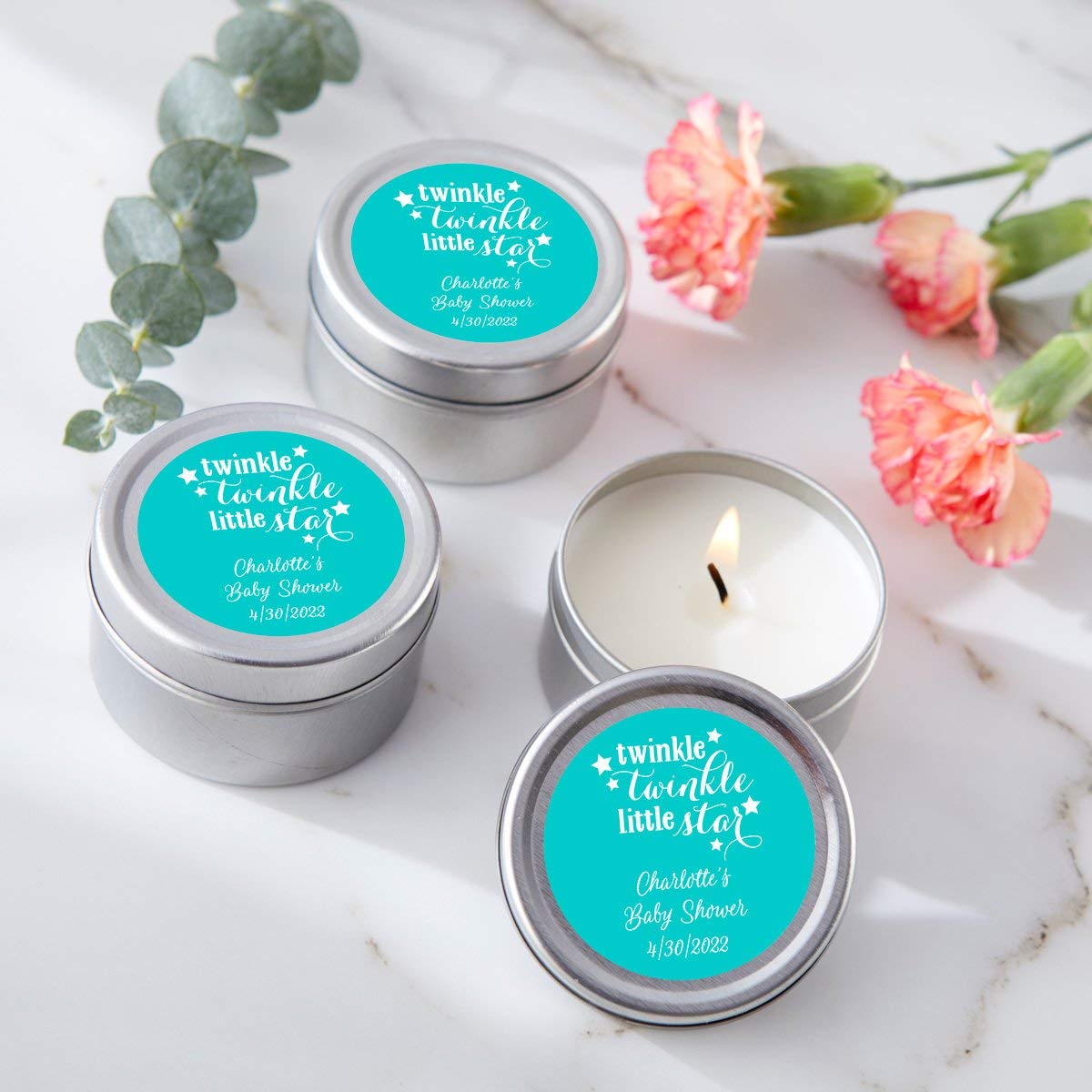 Kate Aspen Personalized Travel Candle Tin - 72PCS Custom Baby Shower Favors with Round Sticker Design - Perfect for Baby Showers, Bridal Showers & Wedding Decor Gifts