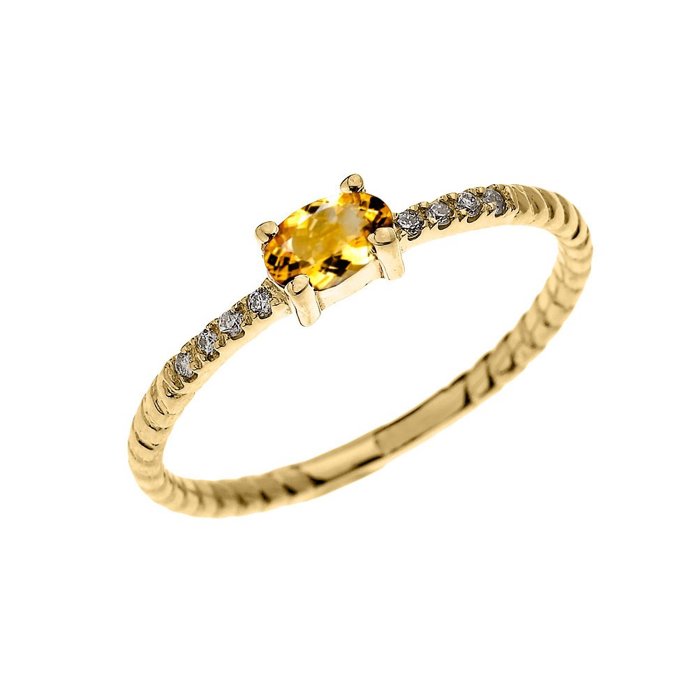 14K Yellow Gold Diamond & Oval Citrine Solitaire Rope Design Stackable Ring for Women - Elegant Proposal, Engagement, Wedding, Anniversary Gift for Her