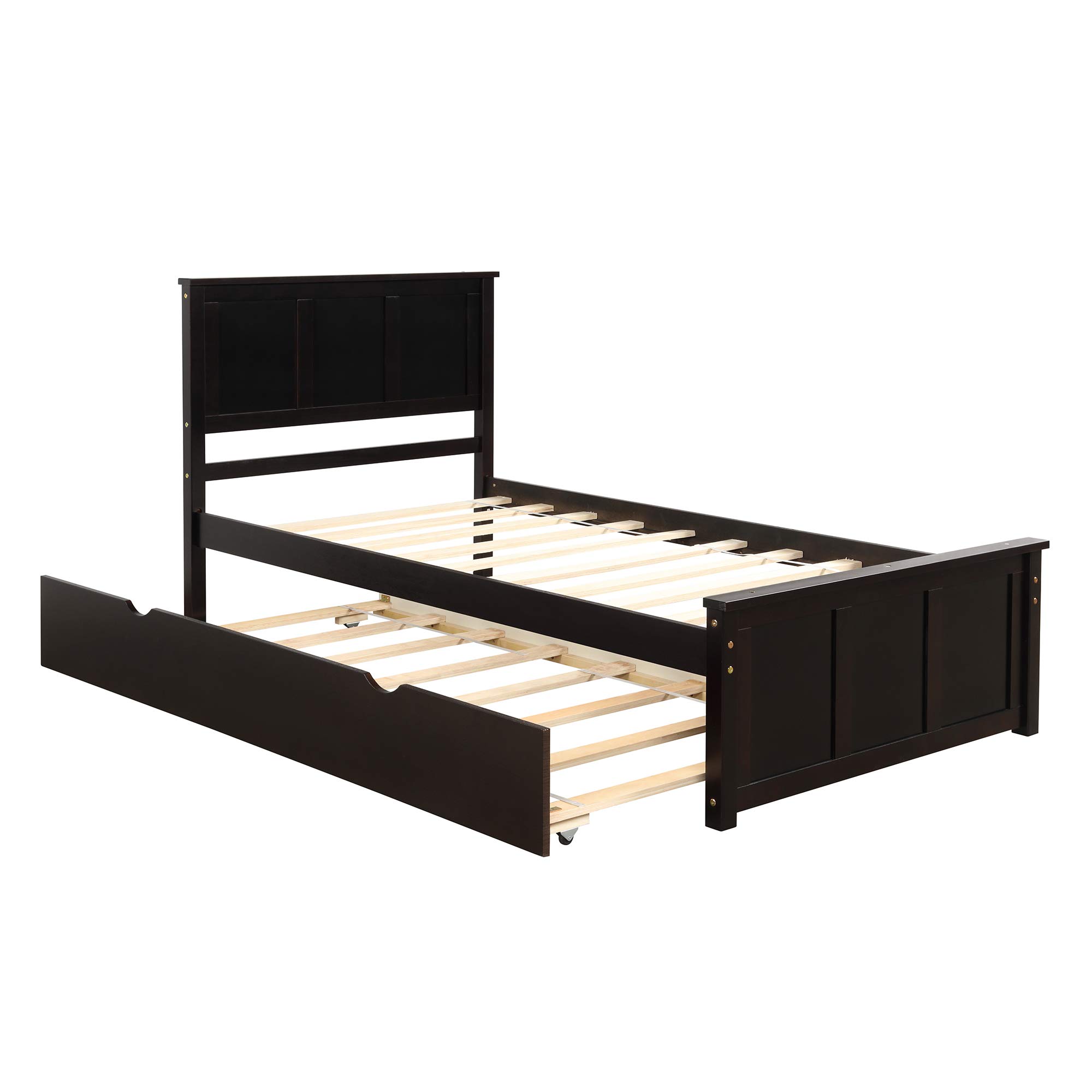 P PURLOVE Twin Size Wood Platform Bed Frame with Trundle & Headboard - No Box Spring Needed, Slat Support - Perfect for Kids Rooms, Guest Beds & Small Spaces