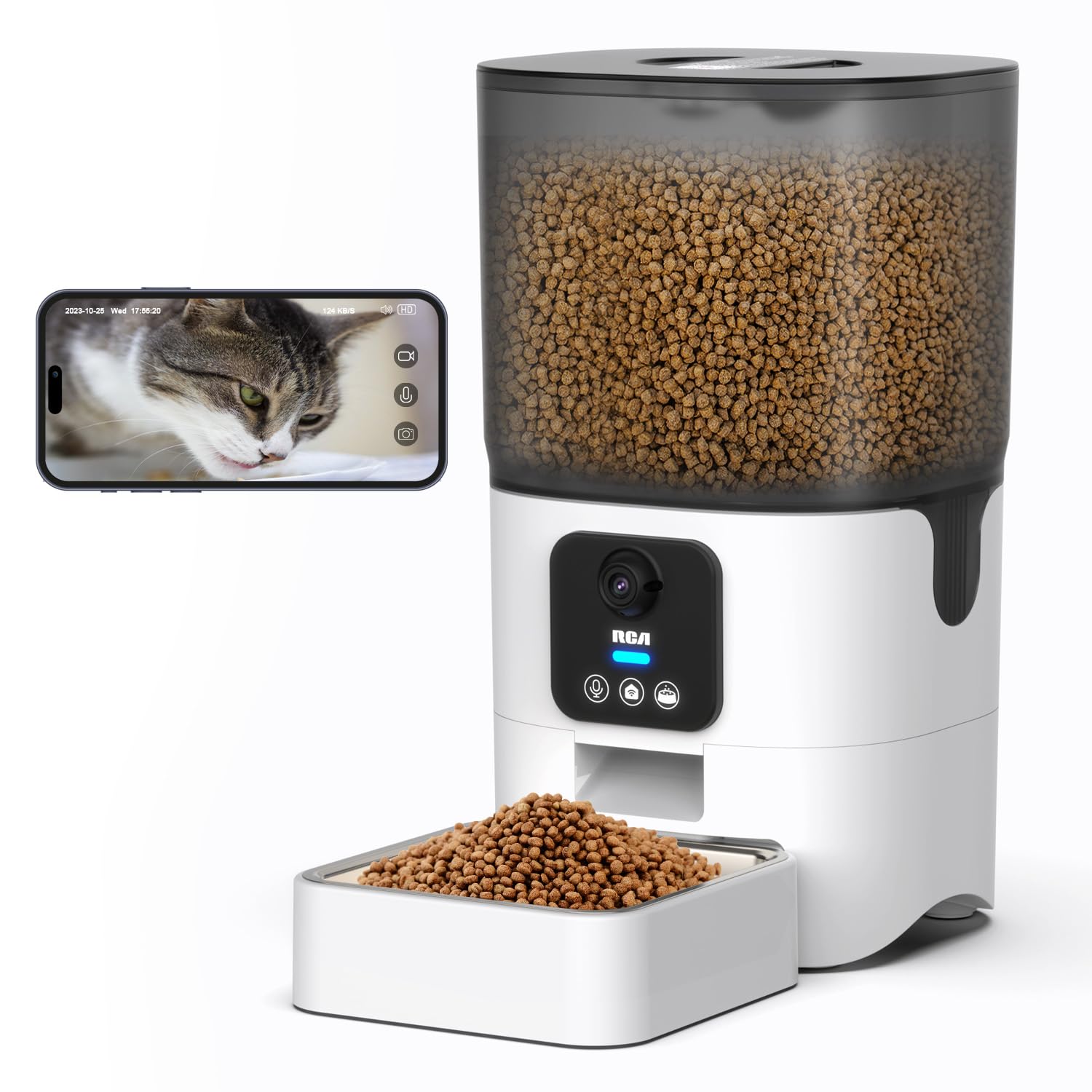RCA Smart Pet Feeder with 1080p HD Camera, 2-Way Audio, Motion Detection & Night Vision - 6L Automatic Cat & Dog Food Dispenser, Alexa/Google Assistant Compatible, Dishwasher Safe Bowls - Perfect for Home Monitoring & Remote Feeding While Traveling