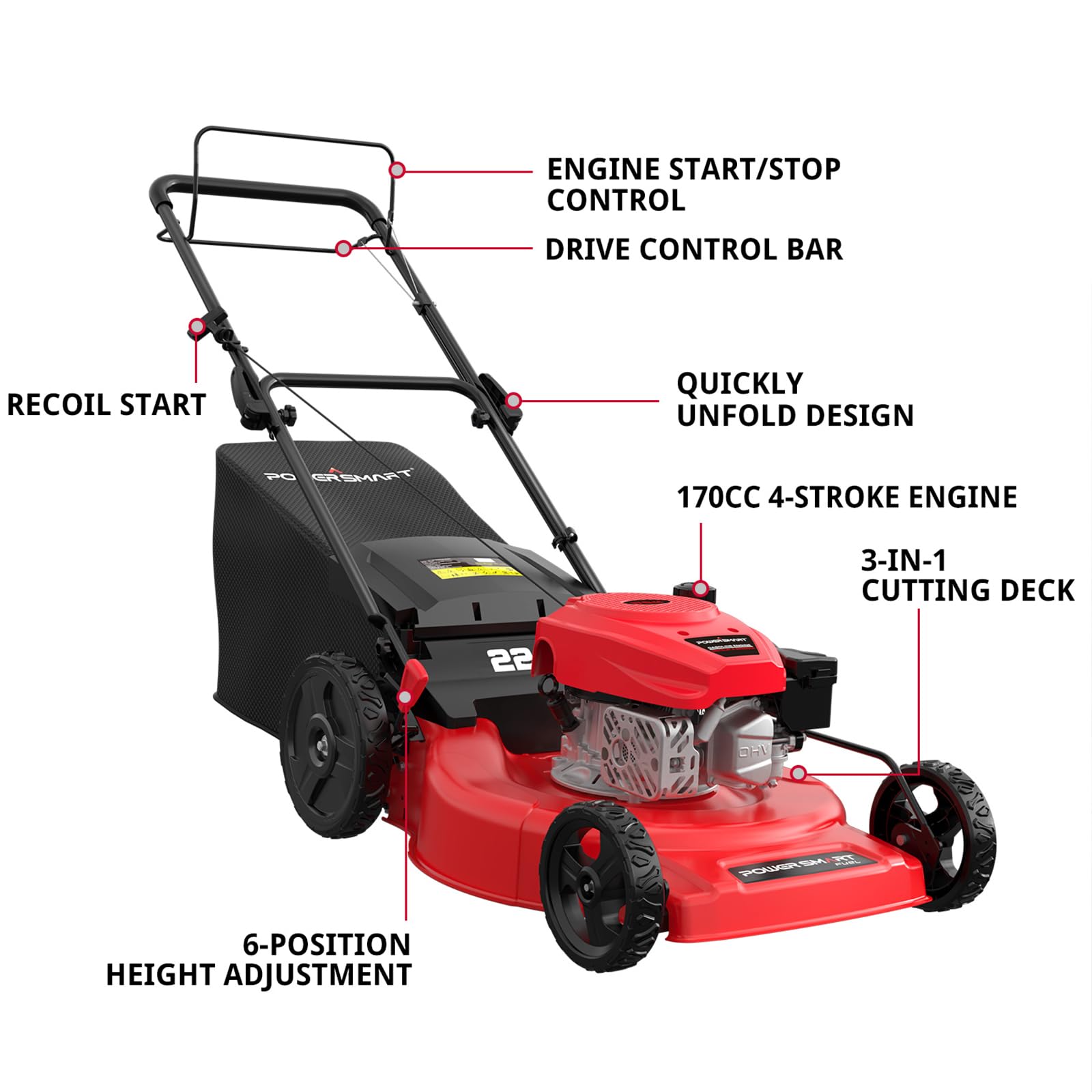 PowerSmart 22-Inch Self-Propelled Gas Lawn Mower with 170cc OHV Engine - High Wheel RWD 3-in-1 Cutting System & Adjustable Height - Includes Oil (Red) - Perfect for Medium to Large Yards, Residential Lawn Care & Landscaping