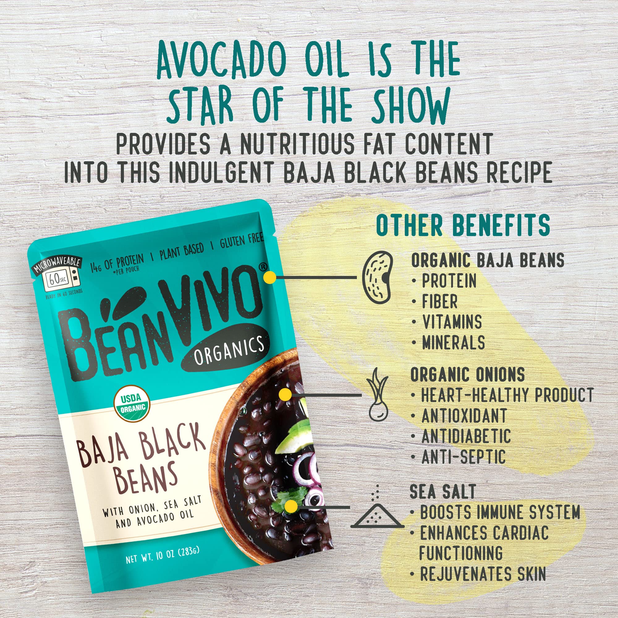 Organic Plant-Based Protein Baja Black Beans (Pack of 6) - High Fiber, Gluten-Free, Nutritious Microwave Meals - 10 oz - Perfect for Vegan Diets, Quick Lunches & Healthy Meal Prep