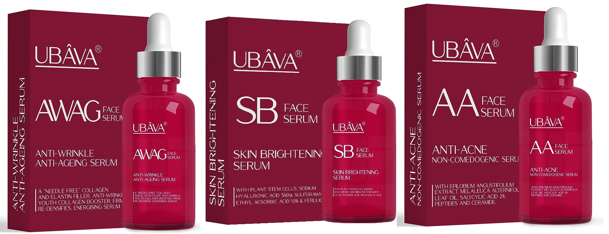 UBAVA AWAG Face Serum + UBAVA AA Face Serum + UBAVA SB Face Serum Set - Anti-Aging, Brightening & Hydrating Skincare Trio for Glowing Skin - Perfect for Night Routine & Daily Skincare Regimen
