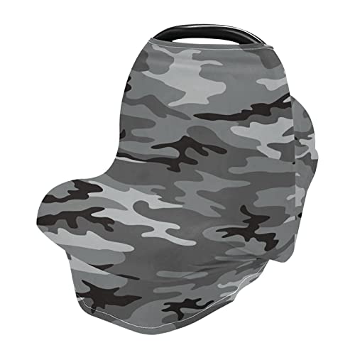 Gray & Black Camouflage Baby Car Seat Cover - Soft Breathable Nursing Cover & Stretchy Breastfeeding Scarf - Universal Fit for Boys & Girls - Perfect for Car Travel, Nursing in Public & Outdoor Adventures