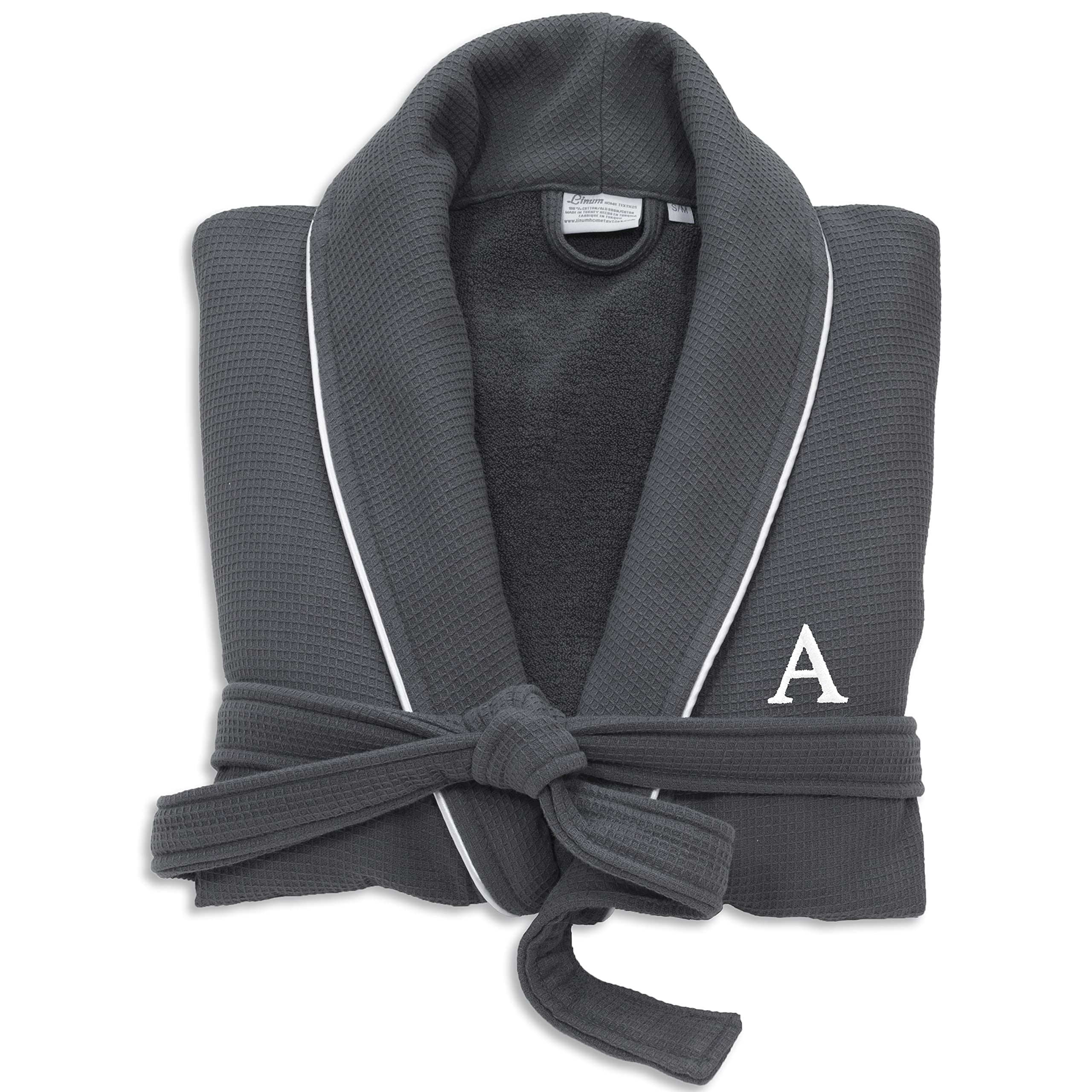 Premium Dark Grey Unisex Turkish Cotton Waffle Weave Terry Bathrobe with White Block Monogram - Soft & Absorbent - Size S/M - Perfect for Spa, Hotels & Relaxing at Home