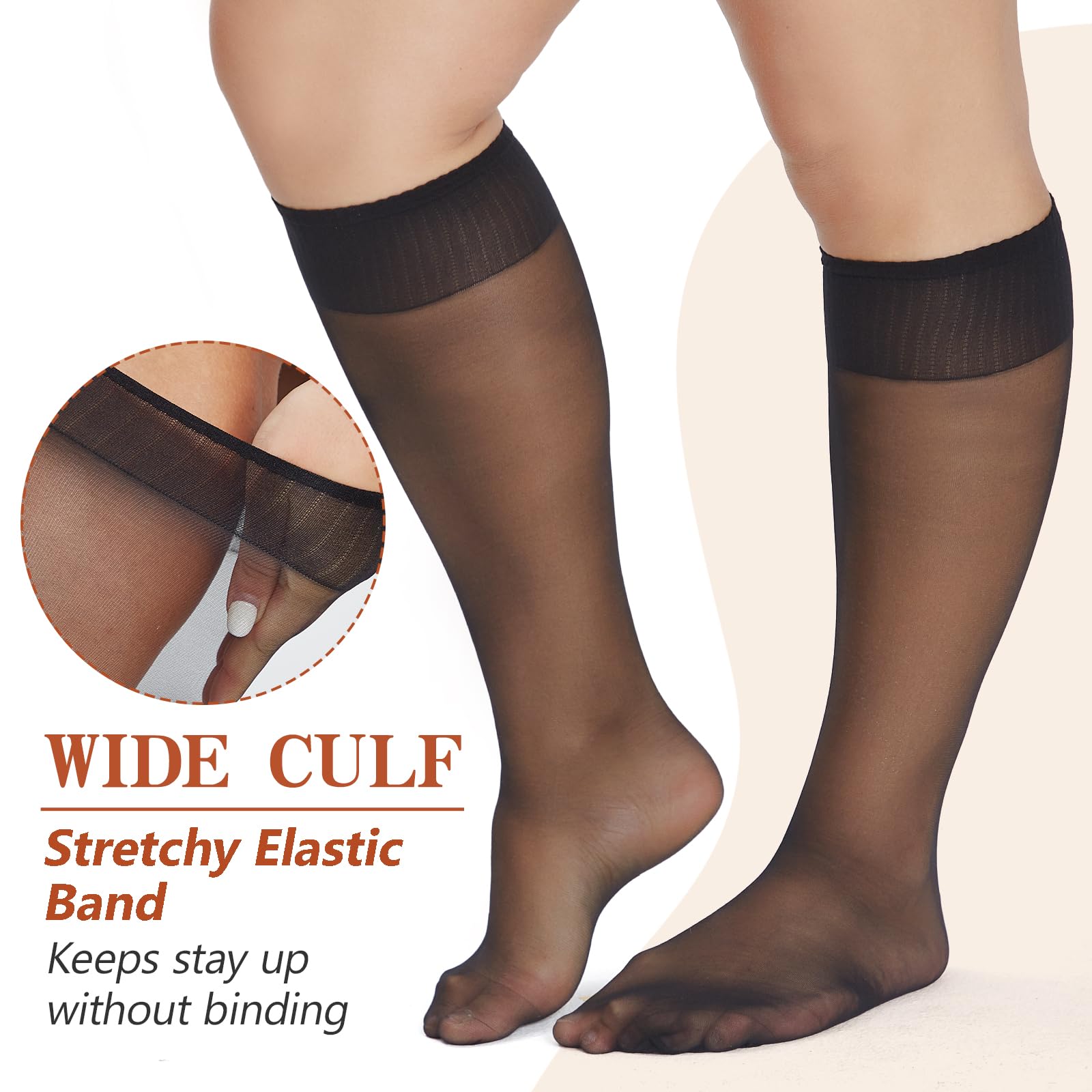 6 Packs Plus Size Knee High Sheer Stockings for Women - Nylon Trouser Socks for Work, Office & Everyday Comfort