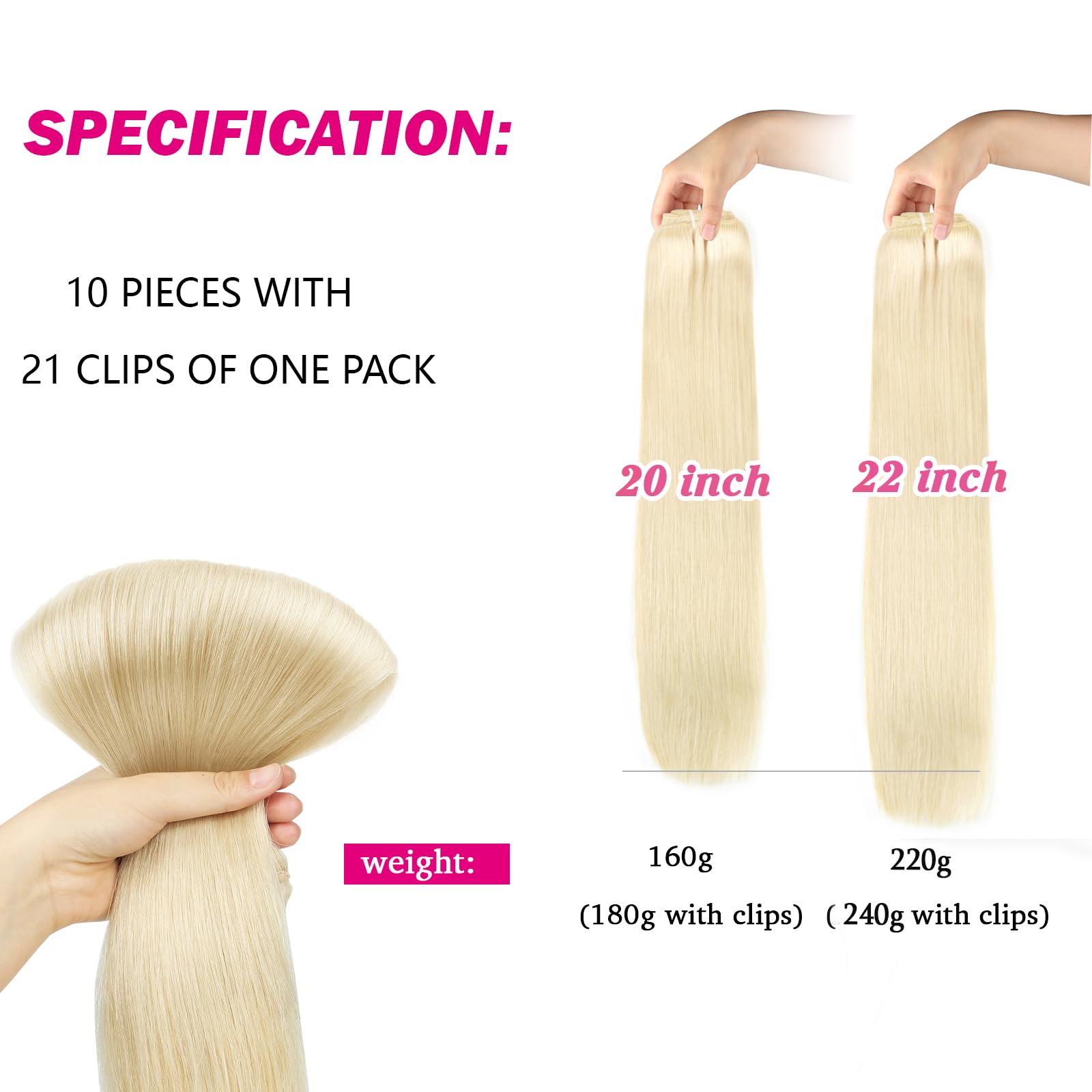 SixStarHair 22 Inch Ash Blonde Clip-In Human Hair Extensions - 10 Piece Set (240g) with 21 Clips | Remy Human Hair Wefts for Volume & Length | Perfect for Parties, Weddings & Daily Styling