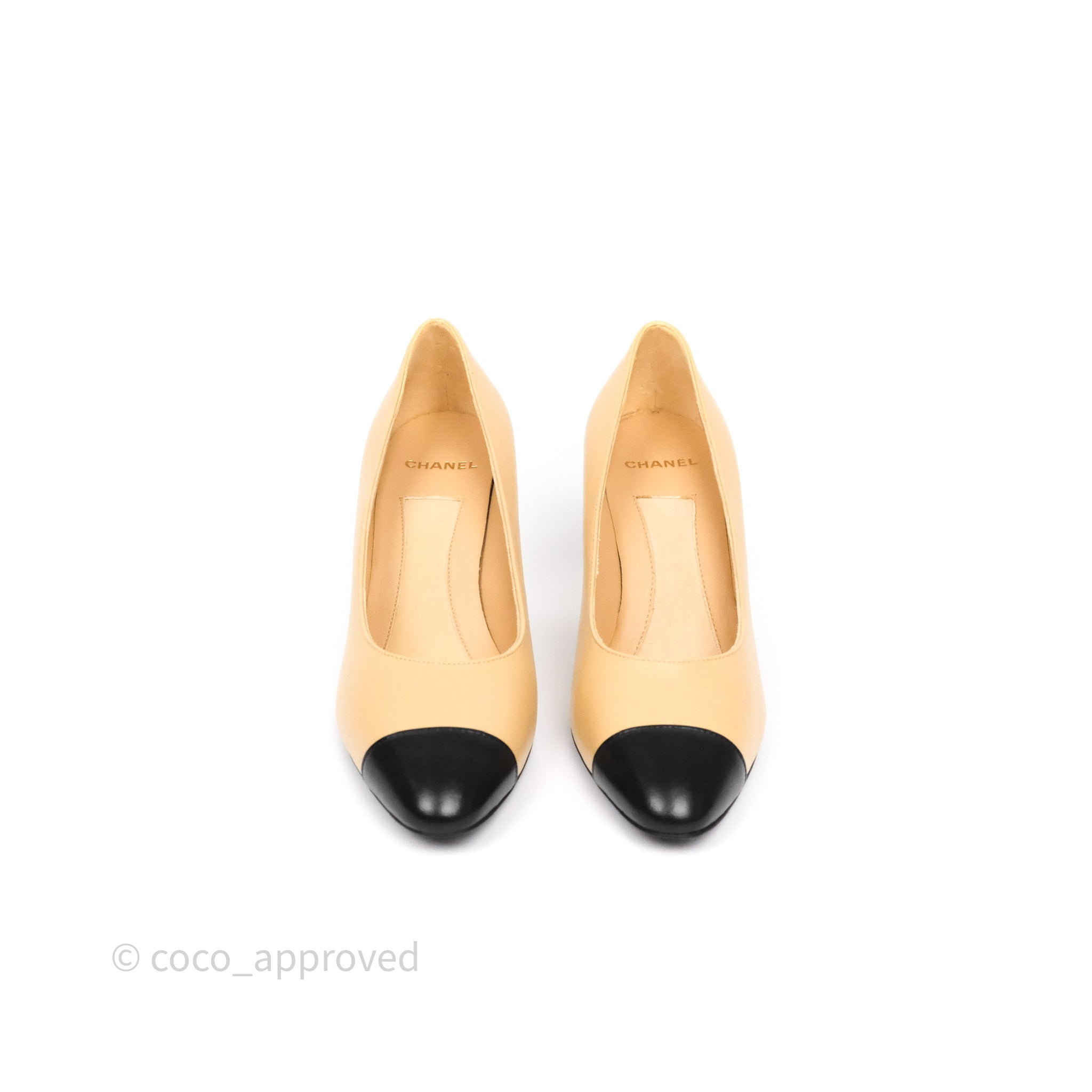 Chanel Beige Pointed Toe Black Pumps with Pearl Accent - Size 36.5C (US 6.5) - Luxury High Heels for Women, Perfect for Weddings, Parties & Formal Events
