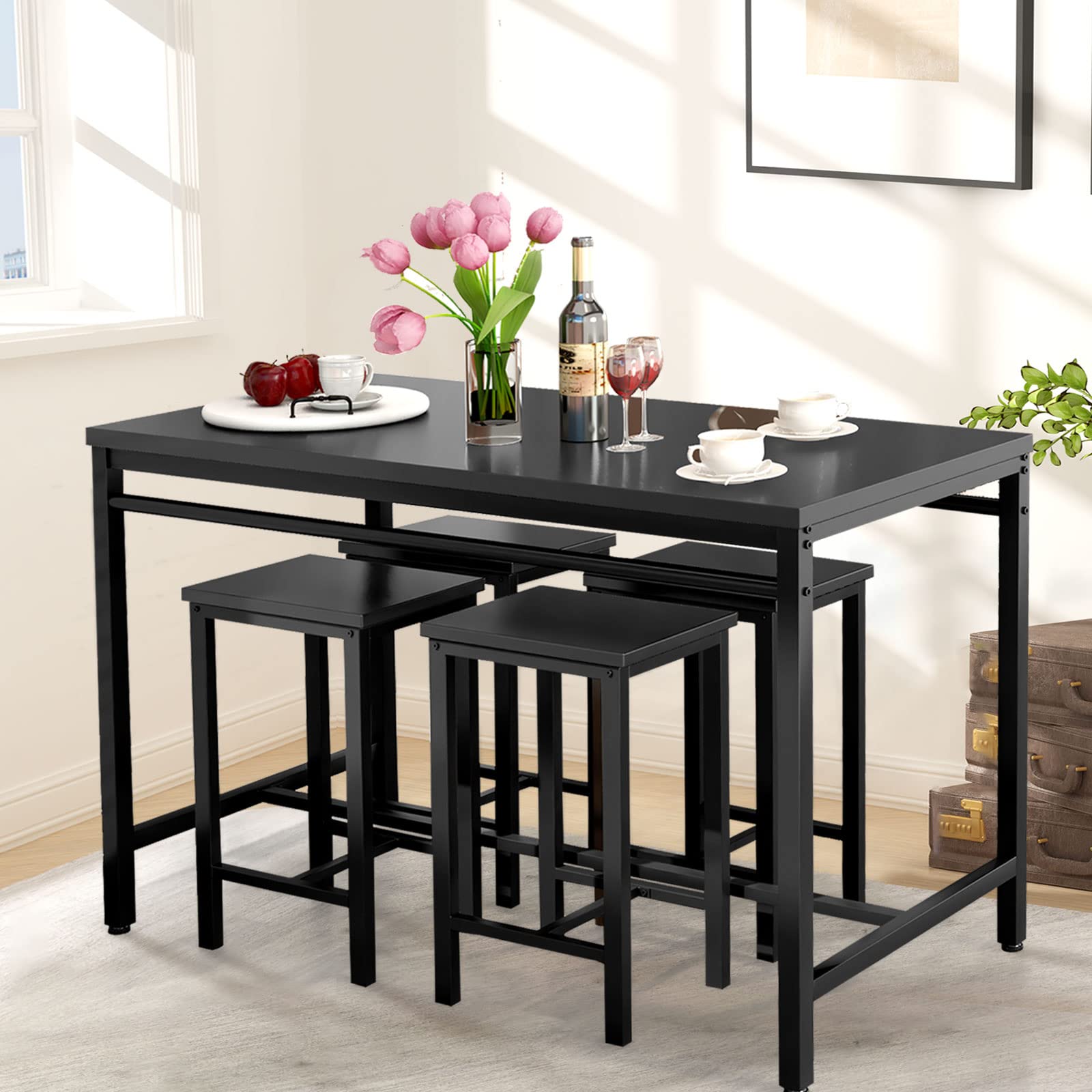DKLGG 5-Piece Dining Table Set for 4 - Small Space Kitchen Table & 4 Chairs, Compact Dinette Set for Apartments, Restaurants - Jet Black | Perfect for Breakfast Nooks, Studio Apartments & Cozy Dining Spaces