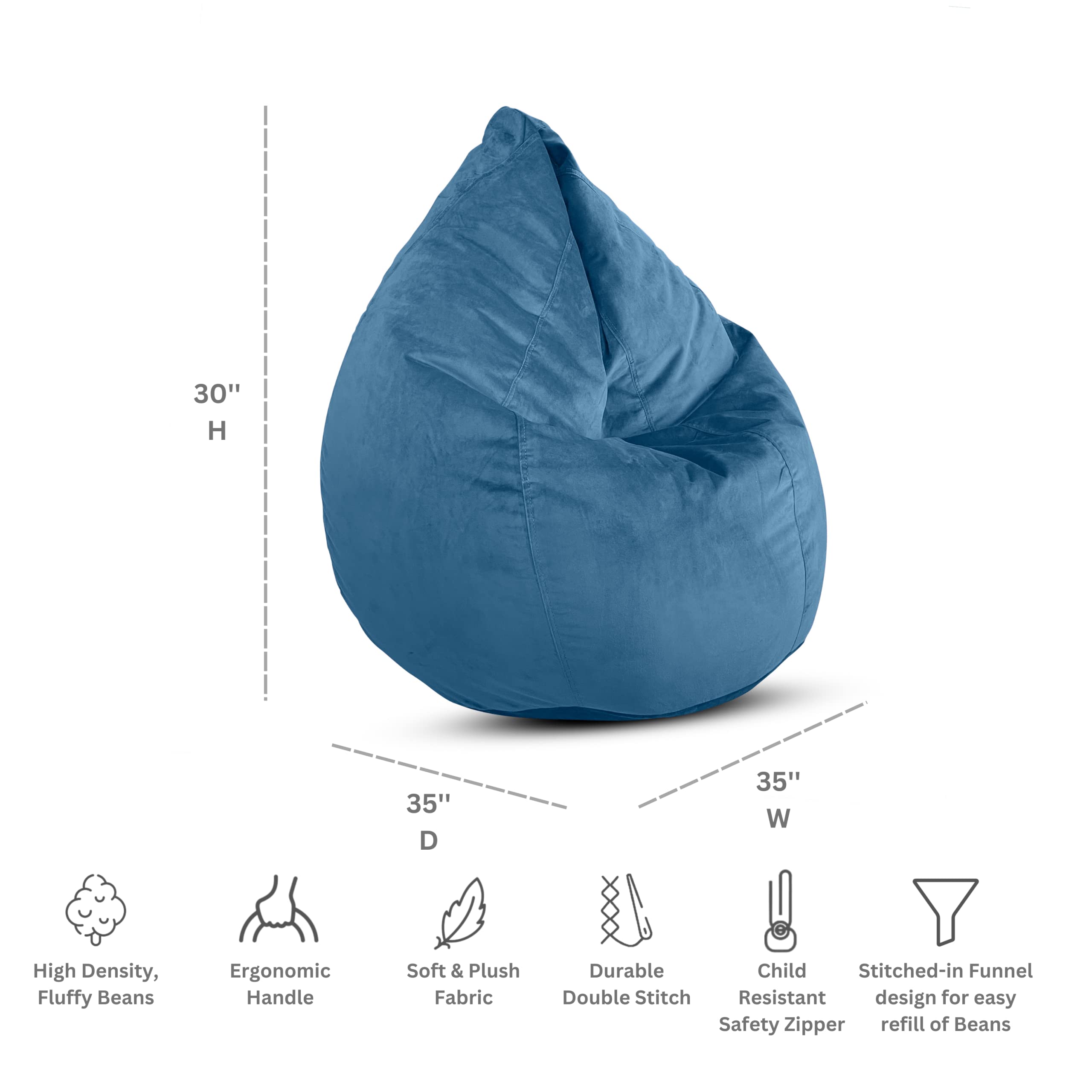 Ultra Soft Velvet Blue Dojo Teardrop Bean Bag Chair for Adults & Teens - Giant Filled Bean Bag with Double Stitching & Easy Clean Fabric - Perfect for Gaming Rooms, Dorm Lounges & Cozy Home Decor