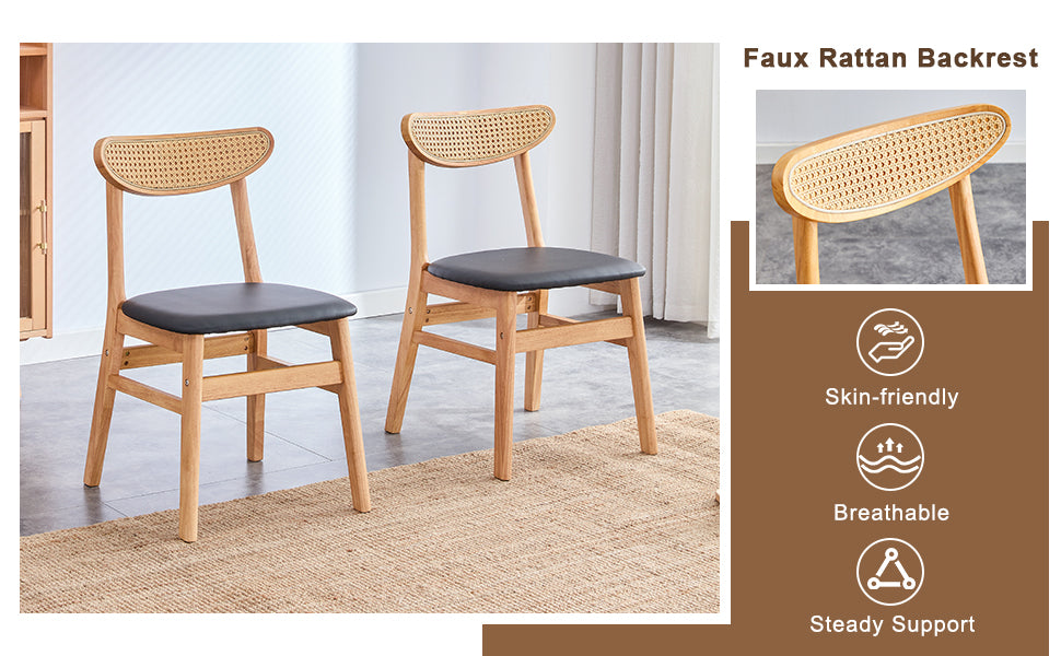 8-Piece Cozy Natural Rubberwood Dining Chair Set - Solid Wood & Rattan Style with Curved Back & PU Cushion - Perfect for Dining Room, Kitchen, Cafe & Home Decor