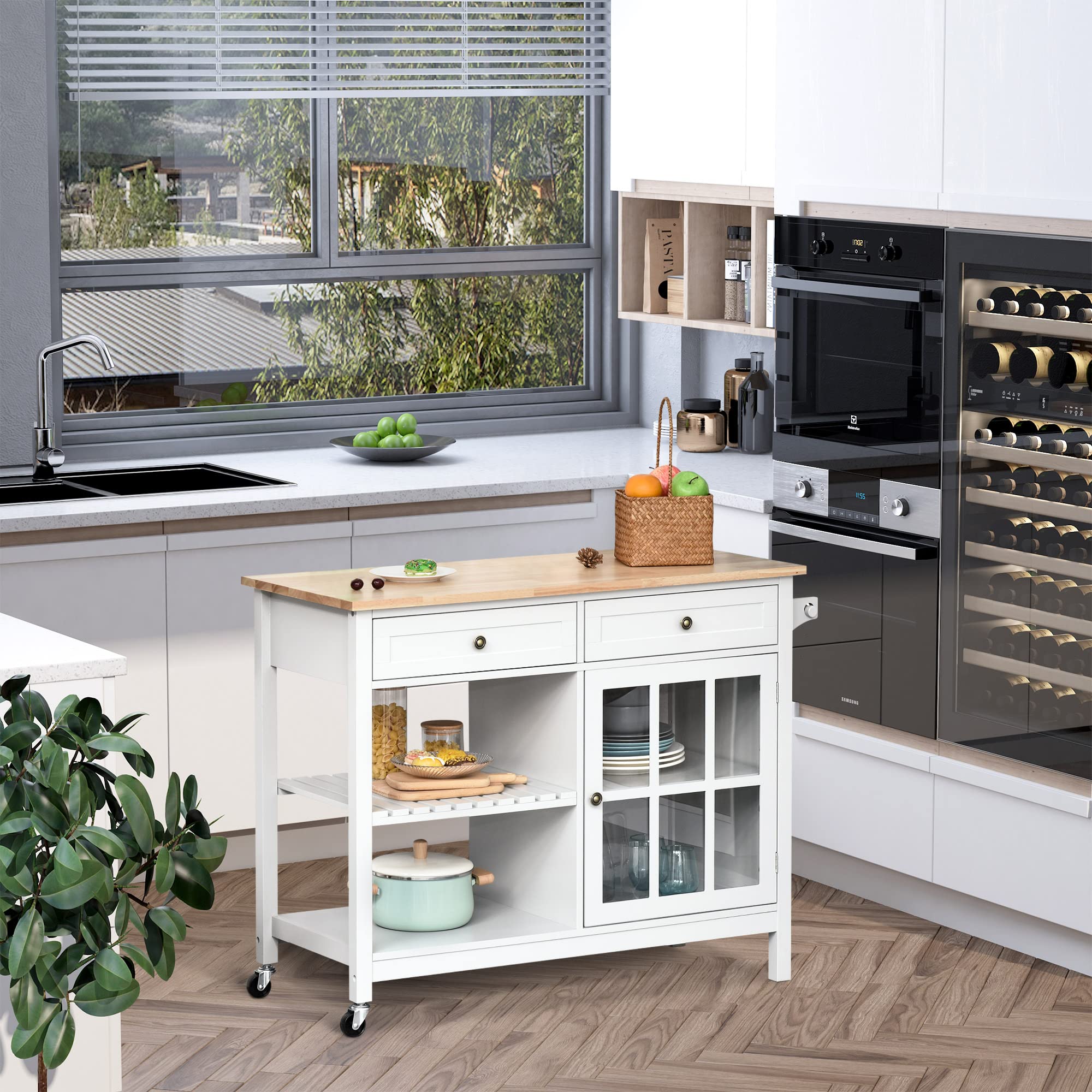 HOMCOM White Rolling Kitchen Island with Storage - Solid Wood Top, Glass Door Cabinet, Adjustable Shelf, Towel Rack & 2 Drawers - Perfect for Small Kitchen, Dining Room & Apartment Cooking Space