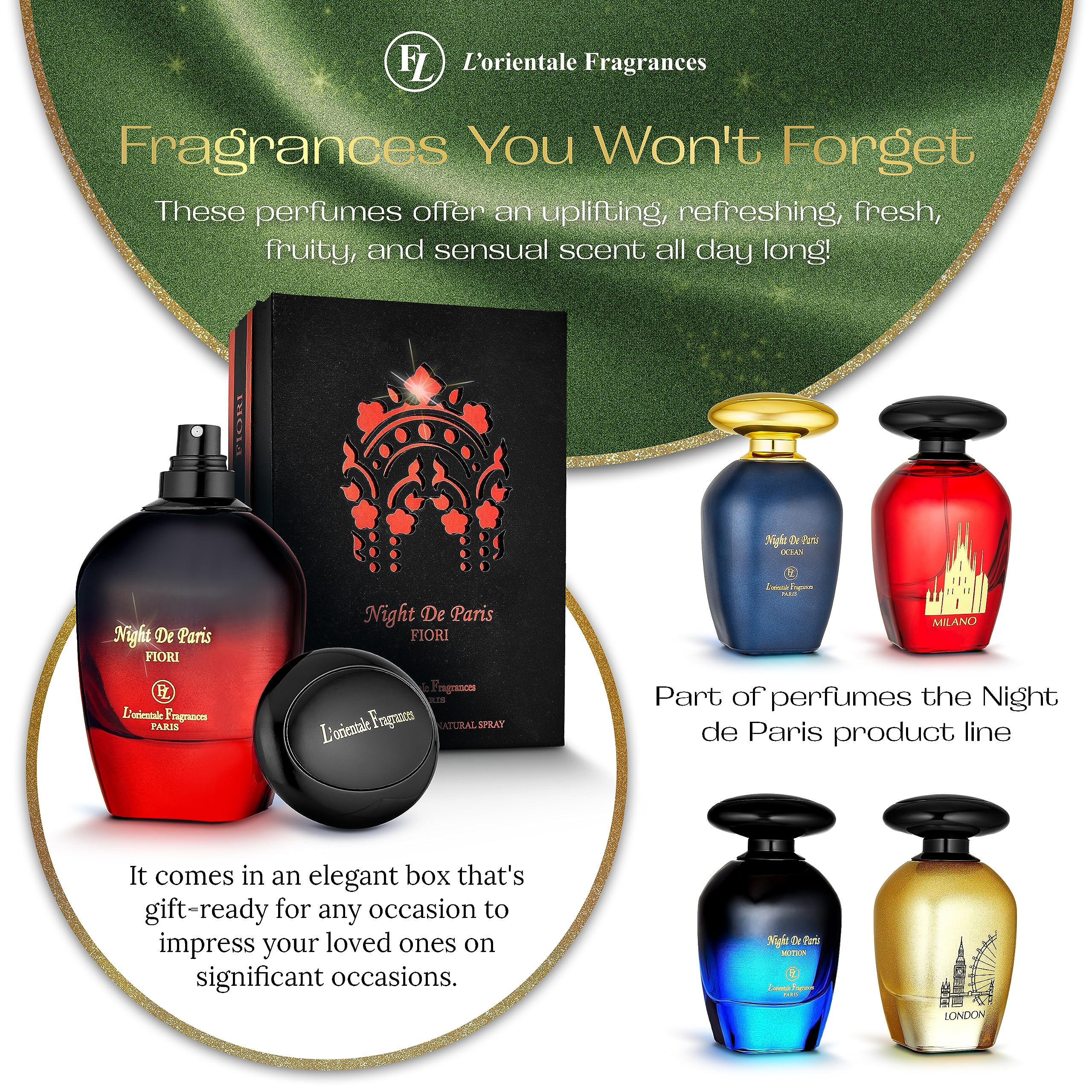 L'Orientale Fragrances Night De Paris Fiori 100ml / 3.3oz - Unisex Amber Floral Eau de Parfum for Women & Men | Long-Lasting 24-Hour Oil-Based Perfume | All-Season Luxury Fragrance for Date Nights, Special Occasions & Daily Wear