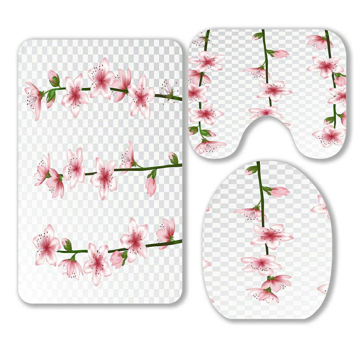 ECZJNT 3-Piece Spring Bloom Bathroom Rug Set - Pink Floral Branch Design, Non-Slip Contour Mat & Toilet Lid Cover - Soft Absorbent Microfiber for Bath, Powder Room & Guest Bath Decor