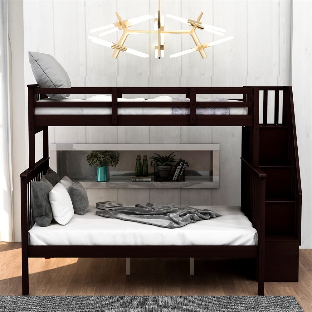 Solid Wood Twin Over Full Bunk Bed with Stairway - Full-Length Guardrail & Storage Steps | Convertible Design with Underbed Storage | No Box Spring Needed (Espresso Finish) - Perfect for Kids' Bedrooms, Guest Rooms & Space-Saving Small Apartments