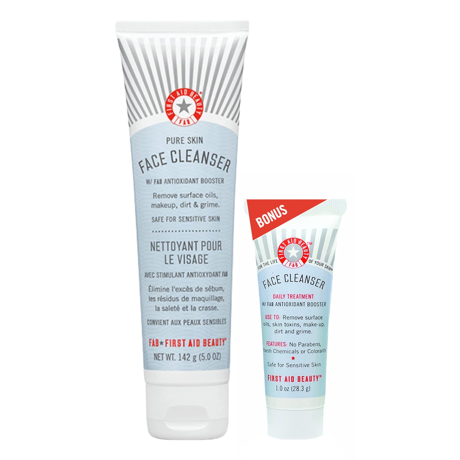 First Aid Beauty Pure Skin Face Cleanser - Gentle Fragrance-Free Makeup Remover for Sensitive Skin, 5 oz + Travel Size (2-Pack) | Deep Cleansing for Daily Skincare Routine & Travel Essentials
