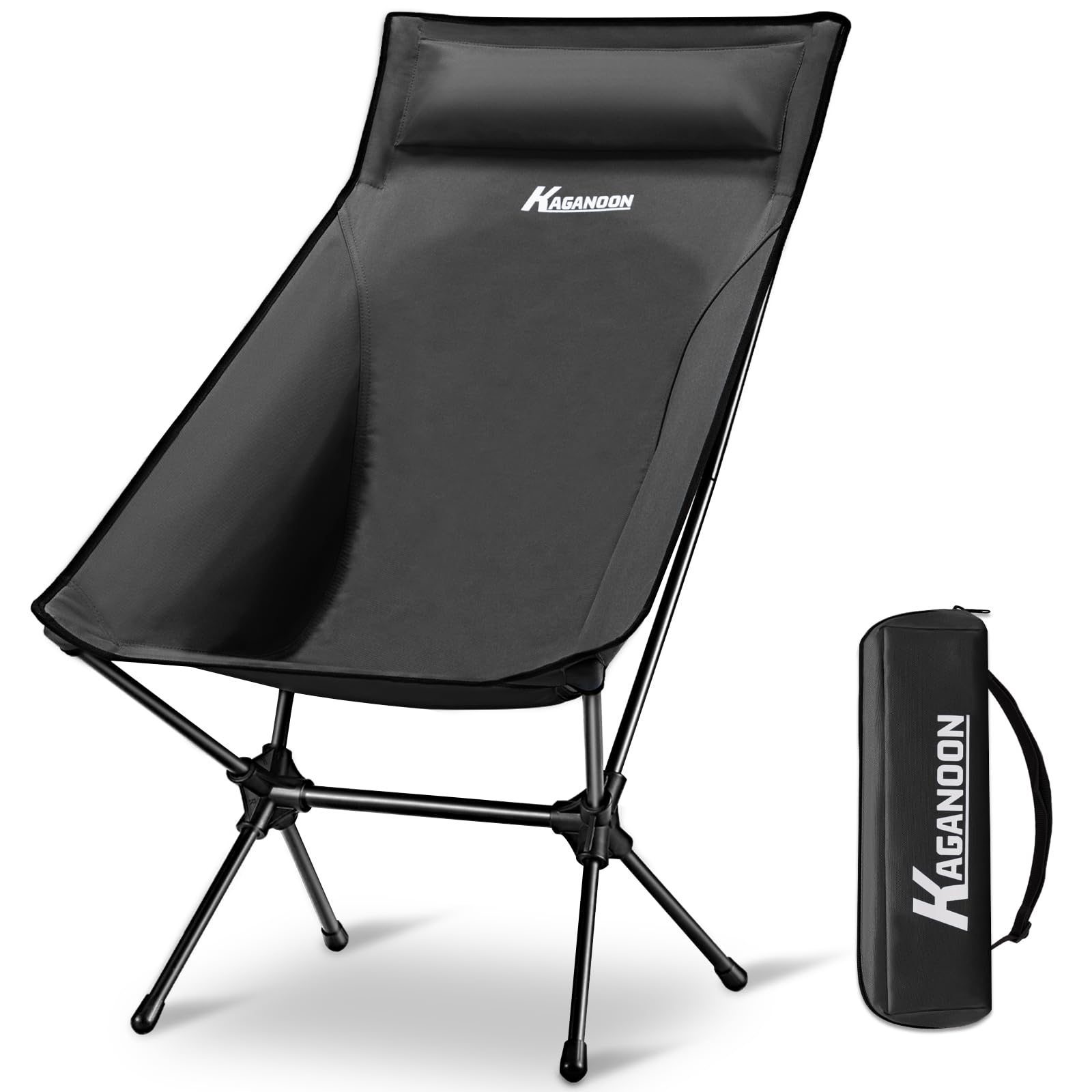 Portable Lightweight Folding Camping Chair with Headrest & Carry Bag - Outdoor Camping, Hiking, Beach, Travel, Picnic, Backyard, Fishing - Comfortable & Compact (Black)