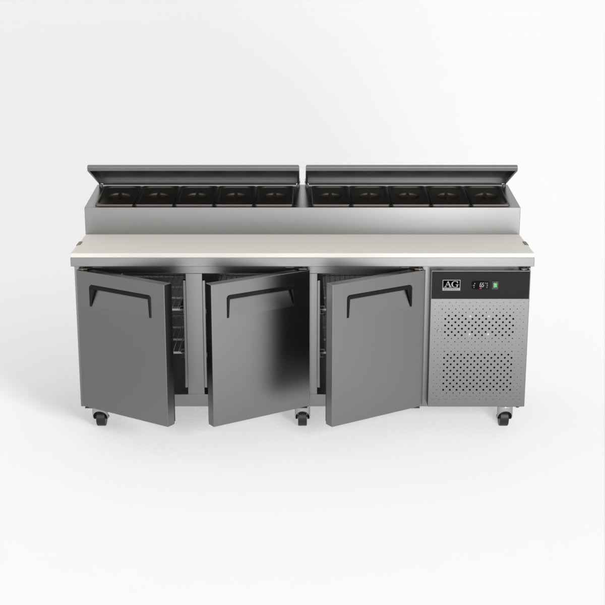 AG 3 Door Commercial Saladette Refrigerator - Holds 10 x 1/3 GN Trays - Perfect for Restaurants, Delis & Catering Businesses