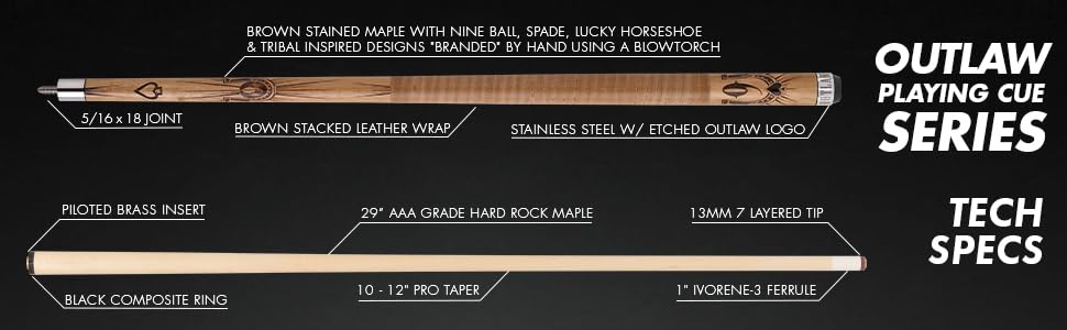 OUTLAW OL07 Original Pool Cue - Premium Brown Stained Maple Shaft with Horseshoe Inlay Design | Professional Billiards Stick for Pool Halls & Home Game Rooms
