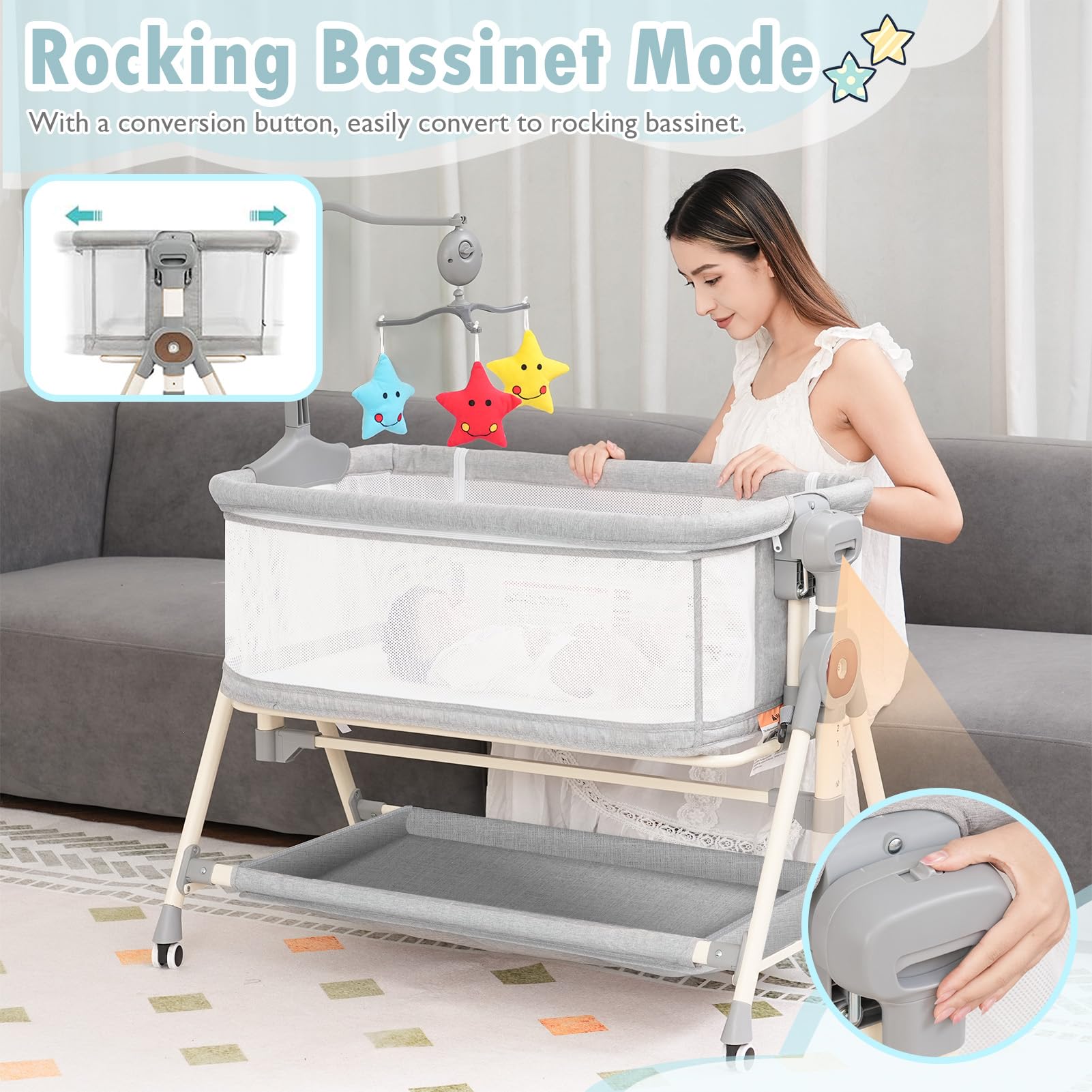 3-in-1 Adjustable Baby Bassinet & Bedside Sleeper with Musical Toys, Storage Basket & Wheels - Portable Rocking Crib for Newborns (Grey) - Perfect for Nursery, Bedroom & Travel Use