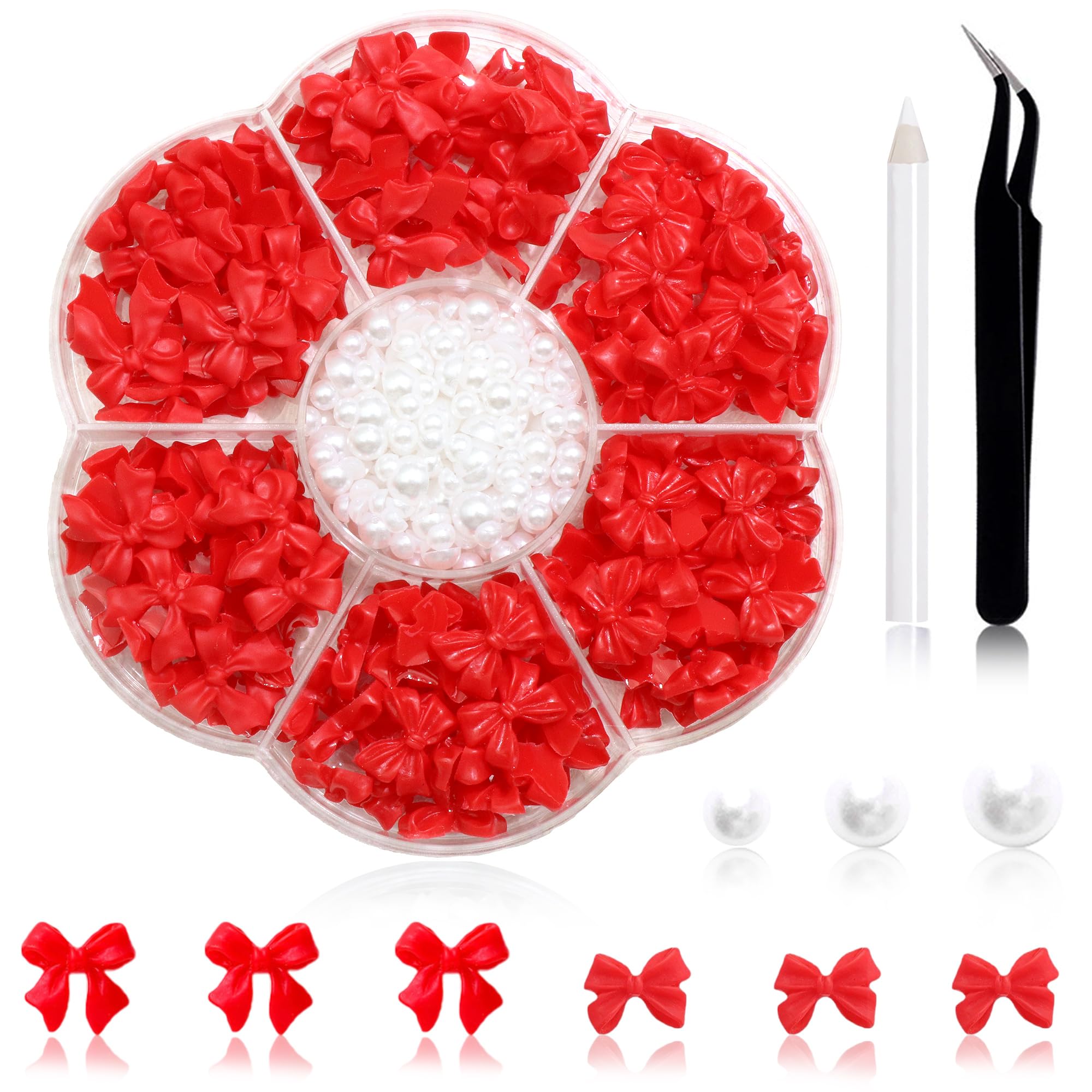300Pcs Red Bowknot & White Half Pearl Nail Charms - 3-5mm Flatback Pearls & 3D Cute Bow Nail Decorations for Acrylic Nails, DIY Nail Art Jewelry - Perfect for Manicures, Bridal Nails, and Party Nail Designs