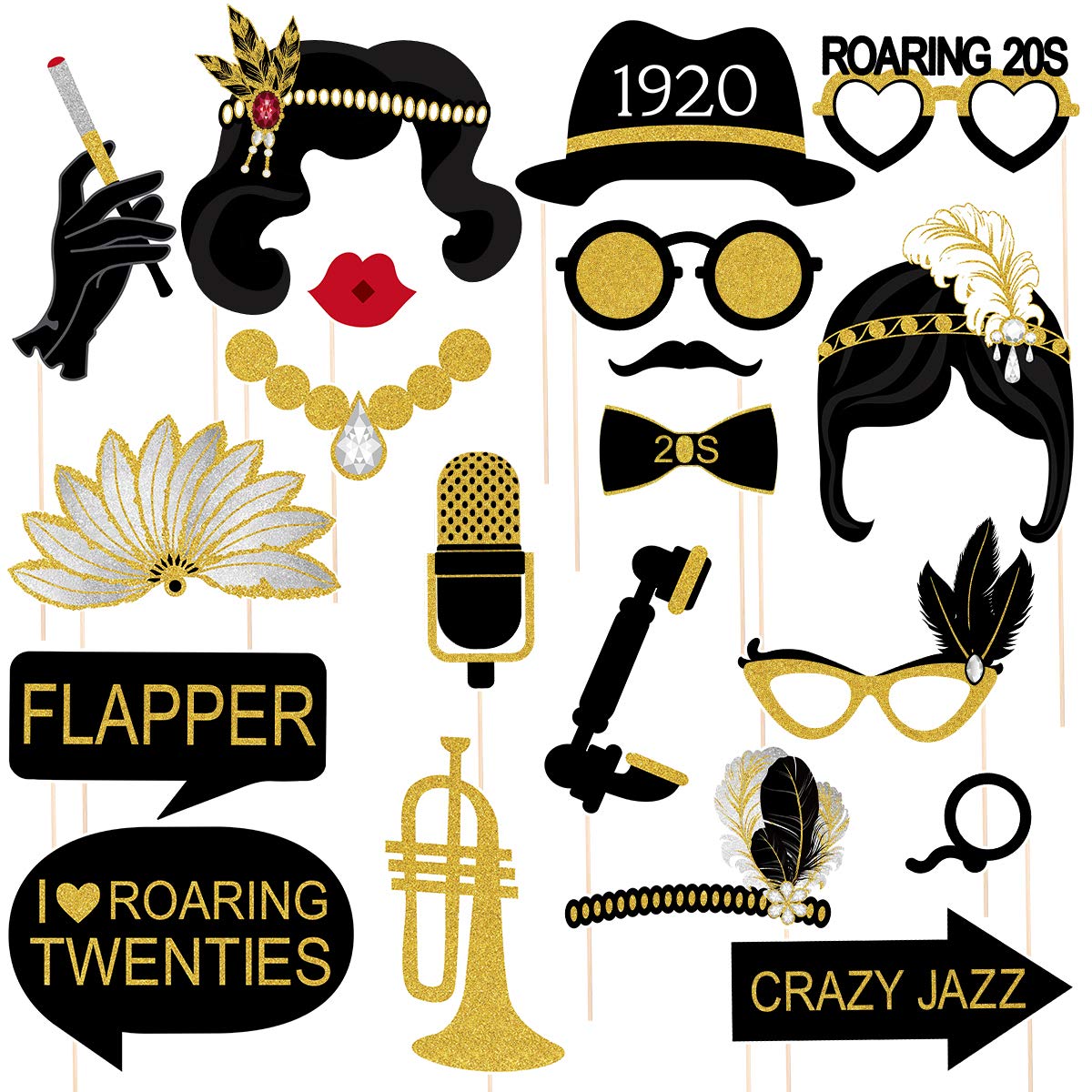 Vintage 1920s Photo Booth Props Set - 20PCS Roaring 20s Party Decor, Wedding Backdrop, Selfie Accessories for Gatsby Themed Events, Speakeasy Parties & Retro Photoshoots