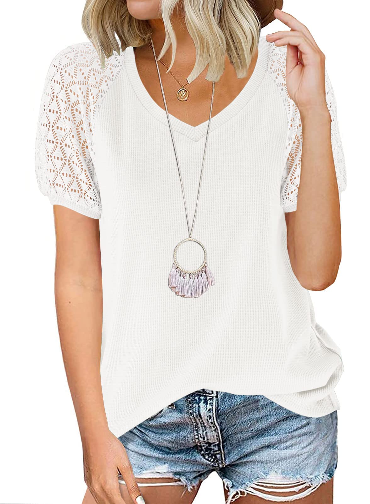MEROKEETY Women's Summer Lace Short Sleeve V-Neck Blouse - Loose Casual Waffle Tee Top for Beach, Vacation & Everyday Wear