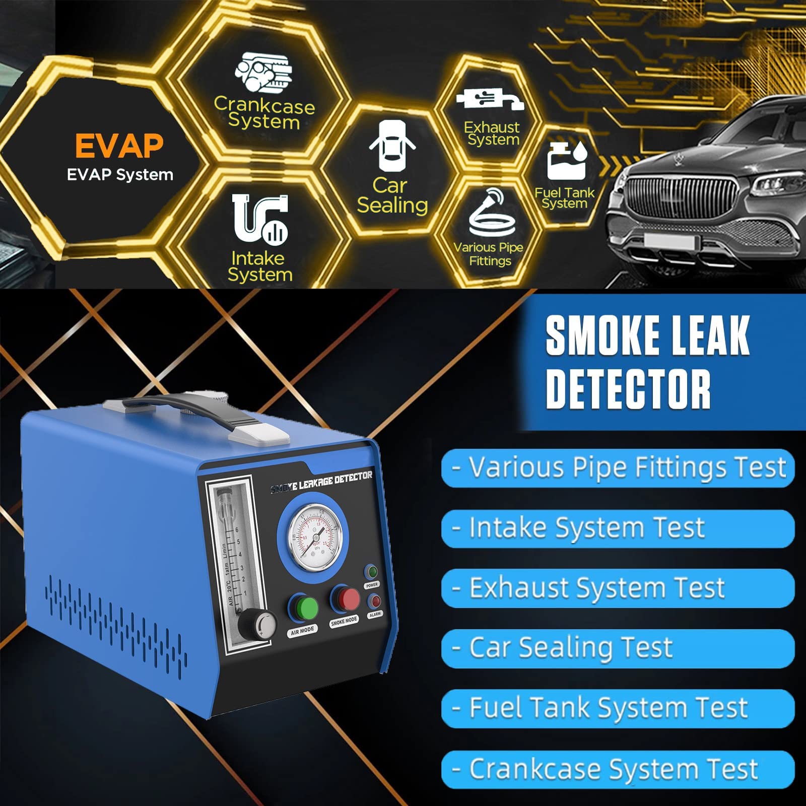 12V DC EVAP Vacuum Smoke Machine Leak Detector with Built-in Air Pump & Pressure Gauge - Dual-Mode Automotive Diagnostic Tester for Car Pipe System | Ideal for EVAP Testing, Vacuum Leak Detection & Engine Diagnostics