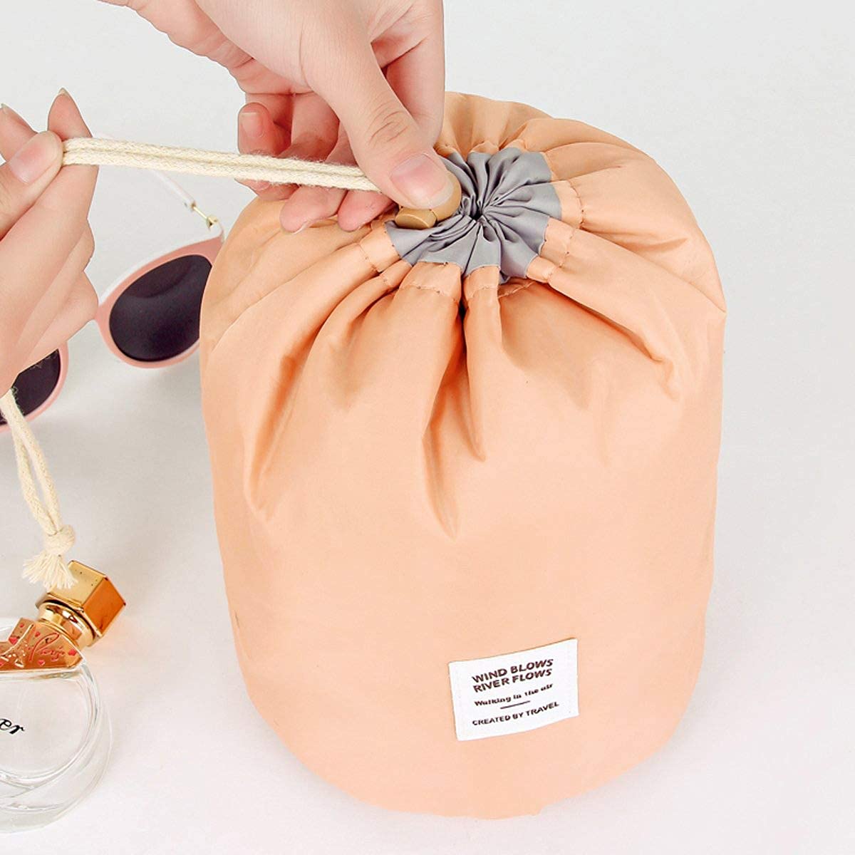 **Shop Stoppers® Round Barrel Bucket Travel Makeup Bag – Portable Collapsible Cosmetic Pouch with Drawstring & Inner Pockets – Multifunctional Toiletry Organizer for Travel, Gym, and Daily Storage**