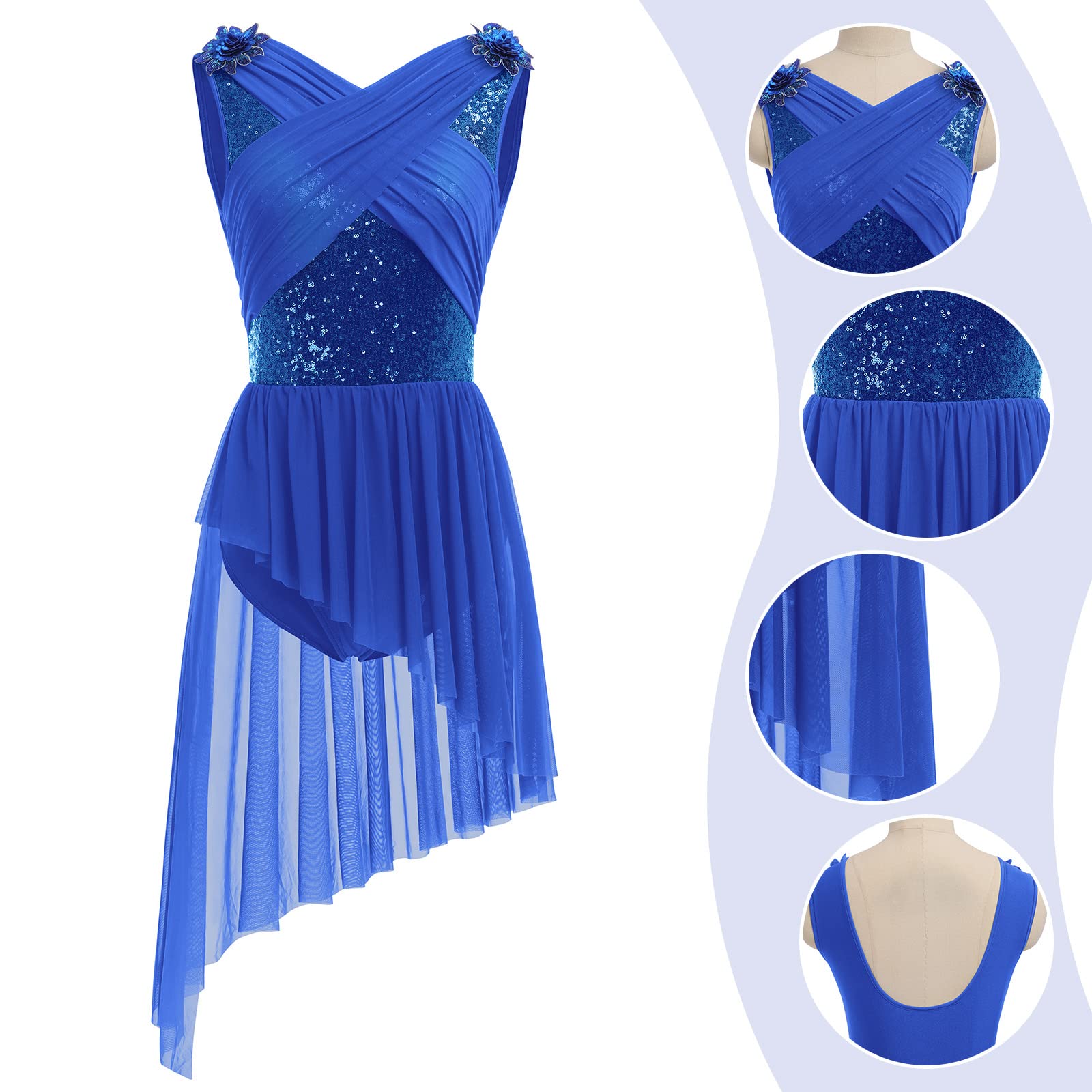 AFAVOM Women's Lyrical Dance Dress with Sequin Flower & Asymmetric Flowy Tulle Skirt – Elegant Contemporary Dance Costume for Performances, Recitals & Competitions