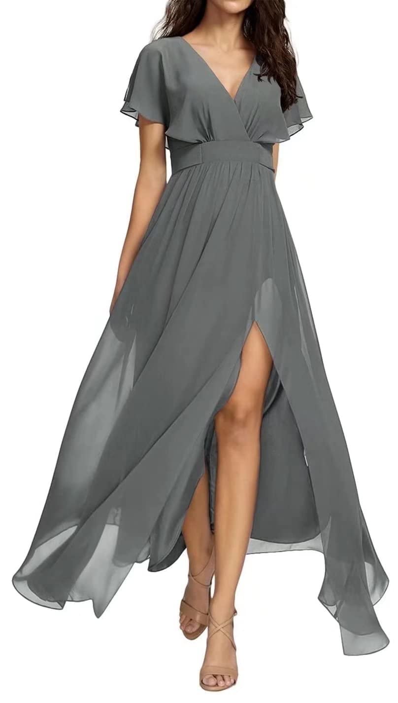 Yadressy Women's Long Sleeve Chiffon Maxi Dress with Slit & Ruffle Detail - A-Line Formal Evening Gown for Bridesmaid, Prom, Wedding Party, and Special Occasions