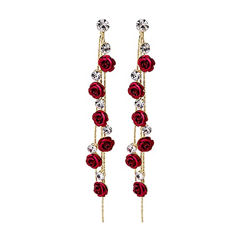 3D Rose Flower Crystal Tassel Earrings-Red