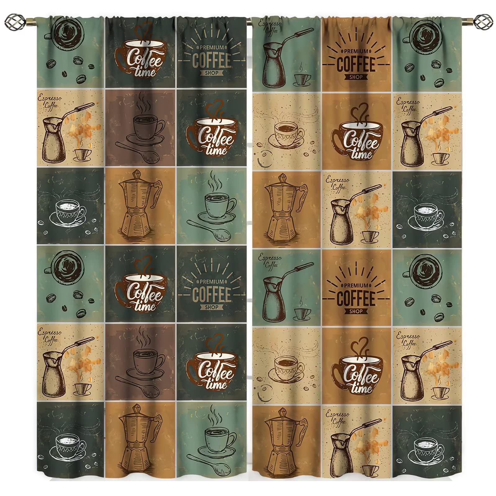 Vintage Coffee Shop Window Curtains - 42x45 Inch Room Darkening Kitchen Cafe Curtains with Rod Pocket, Retro Diner Decor for Windows & Doors - Perfect for Restaurants, Coffee Shops & Home Kitchen Decor