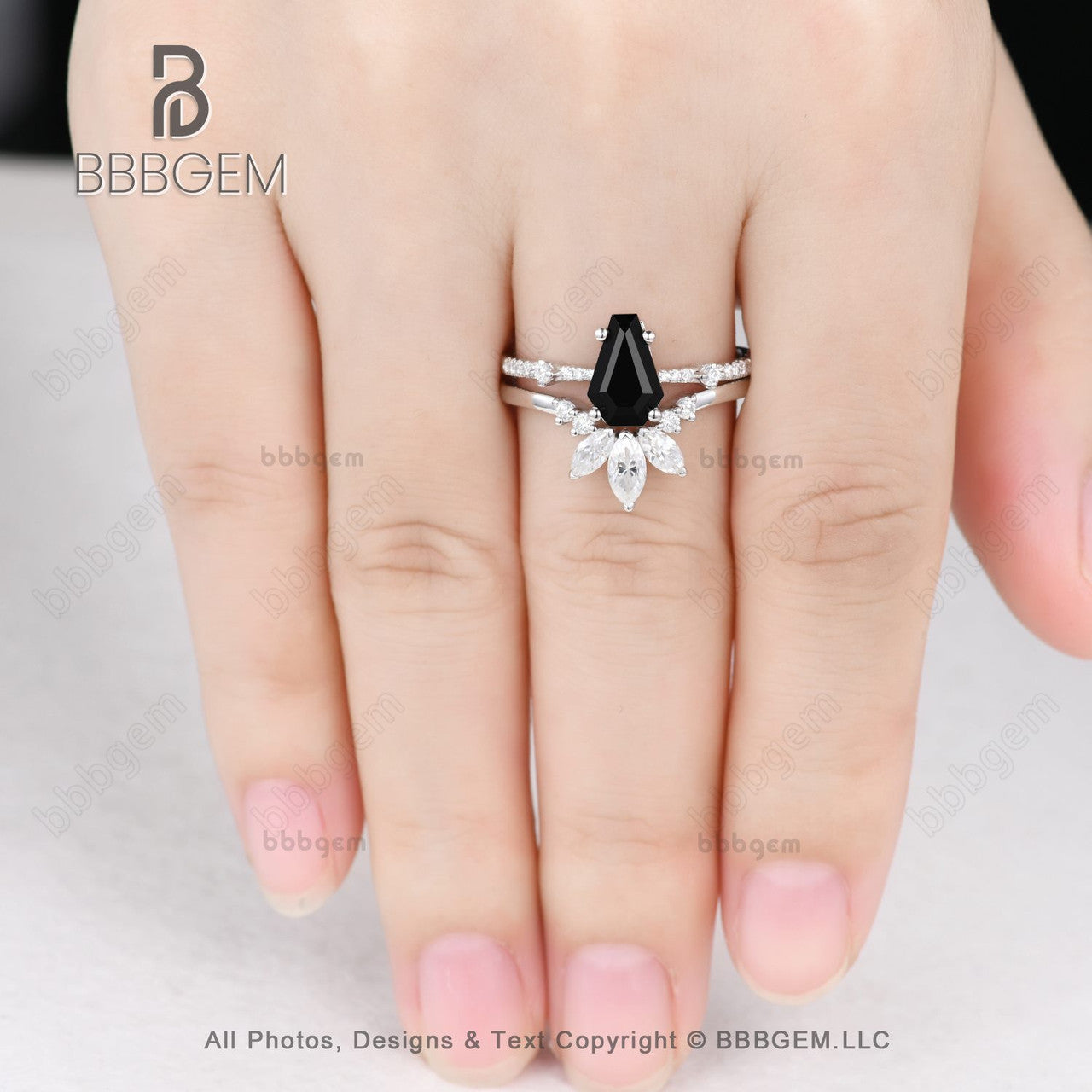 Women's Black Onyx Coffin Statement Ring Set - 3 Stone Marquise Moissanite Curve Band White Gold Promise Ring for Engagement, Anniversary & Special Occasions