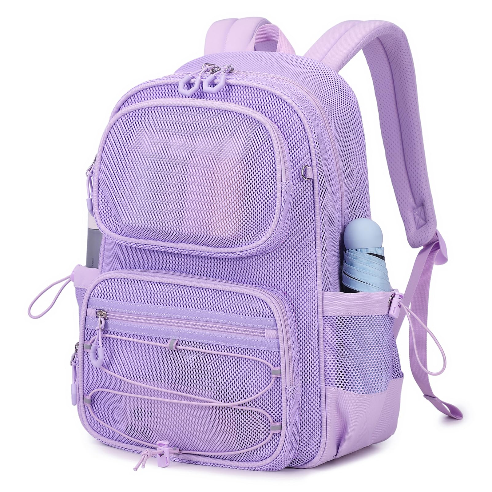 Breathable Mesh Backpack - Heavy Duty See Through Bookbag, Ultra Lightweight Transparent Net Backpack for School, Gym, Travel & Beach - Durable & Comfortable for Sports & Outdoor Activities - Purple