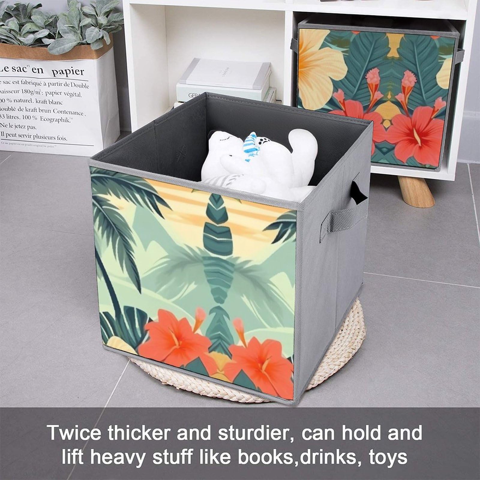 6-Pack Collapsible Storage Baskets with Handles - Summer Hawaiian Pattern Foldable Storage Bins for Closet, Laundry & Home Organization - Large Fabric Storage Cubes for Clothes, Toys & Household Items