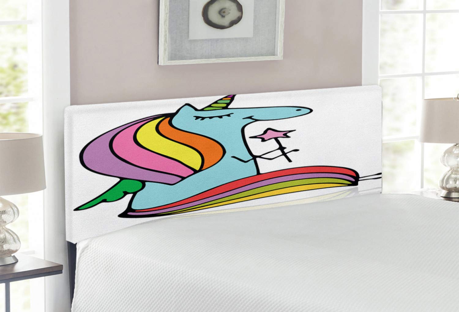 Ambesonne Unicorn Headboard - Colorful Mythical Horse with Horn & Magic Wand, Upholstered Decorative Metal Bed Frame with Memory Foam, Full Size, Multicolor - Perfect for Kids' Bedroom, Fantasy Theme Decor & Whimsical Nursery Design
