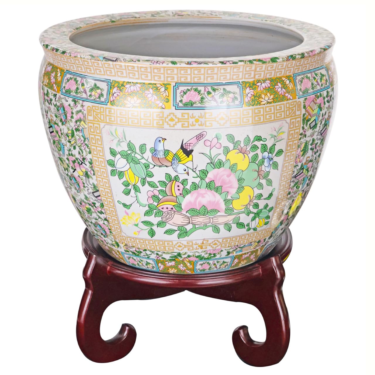 Large Porcelain Floral Rose Medallion Fish Bowl Cachepot Planter - Elegant Home Decor for Flowers, Plants & Centerpieces | Perfect for Living Room, Dining Table & Garden Decor
