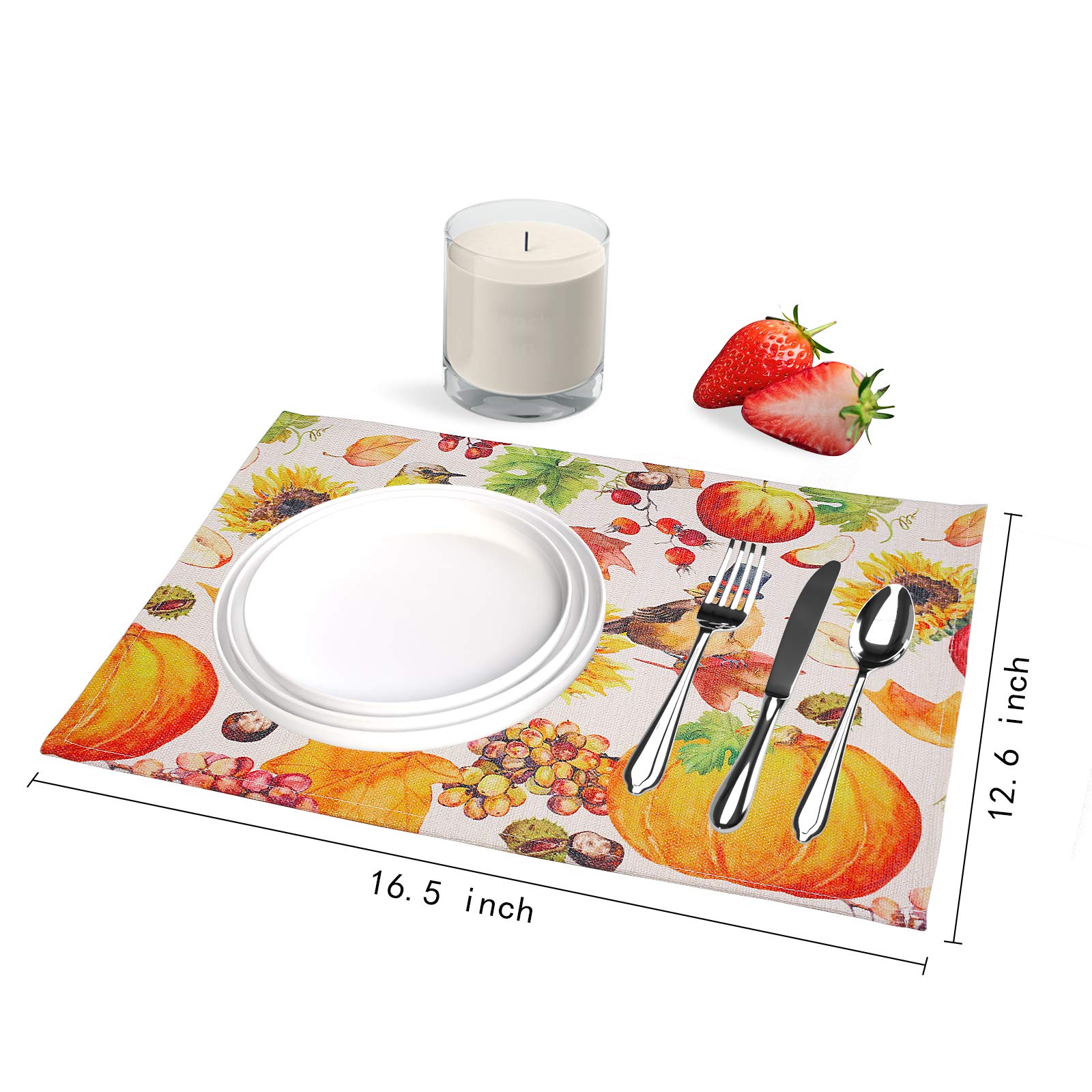 Fall Placemats Set of 6 - Autumn Maple Leaves Pumpkin Sunflowers Bird Design - Heat Resistant Waterproof Non-Slip Thanksgiving Table Mats for Dining Kitchen Decor - Perfect for Holiday Dinners, Family Gatherings and Seasonal Home Decoration