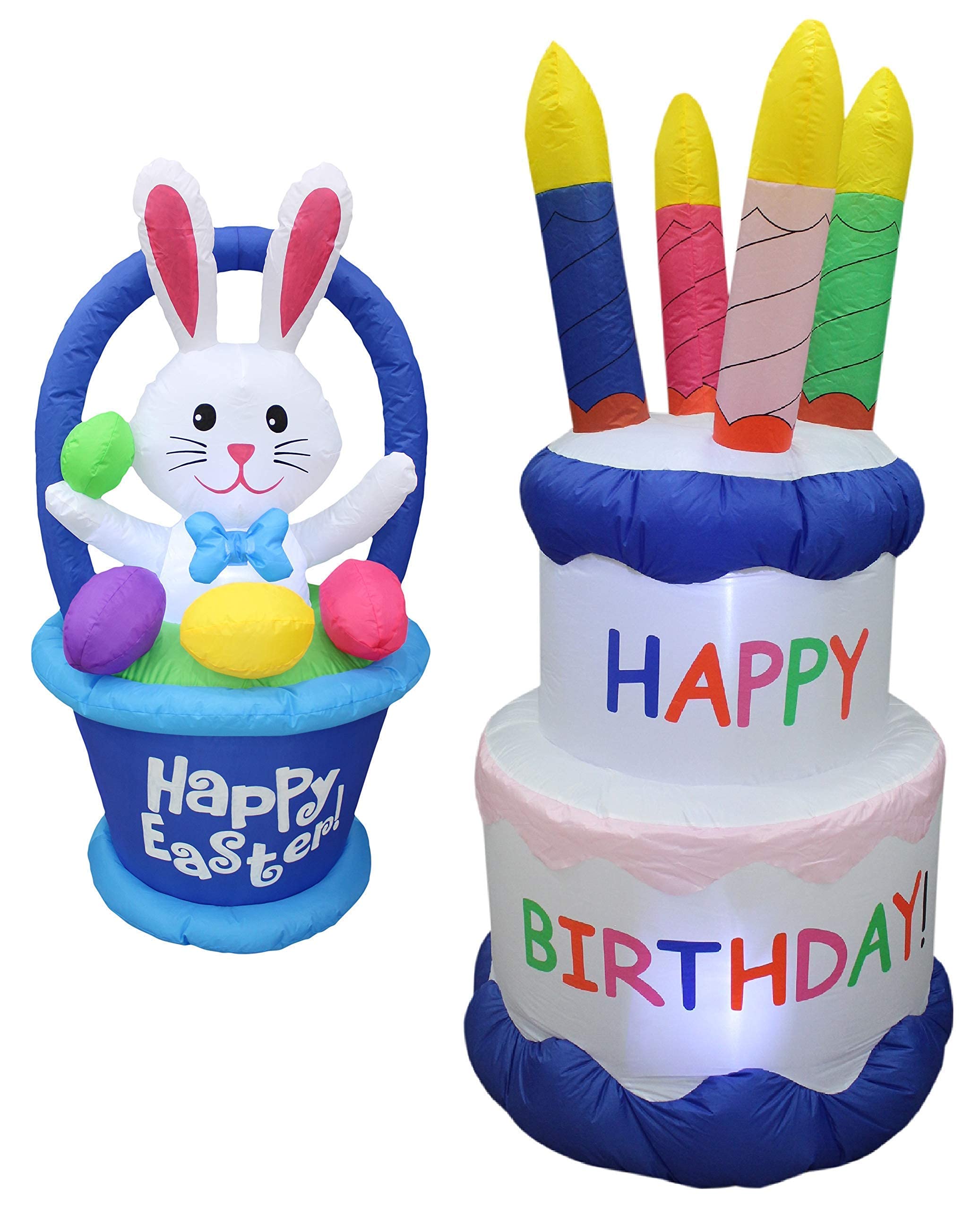 4ft Inflatable Easter Bunny with Basket & 6ft Happy Birthday Cake Decorations - Giant Outdoor Party Decor for Easter, Birthday Celebrations, Garden & Backyard Events