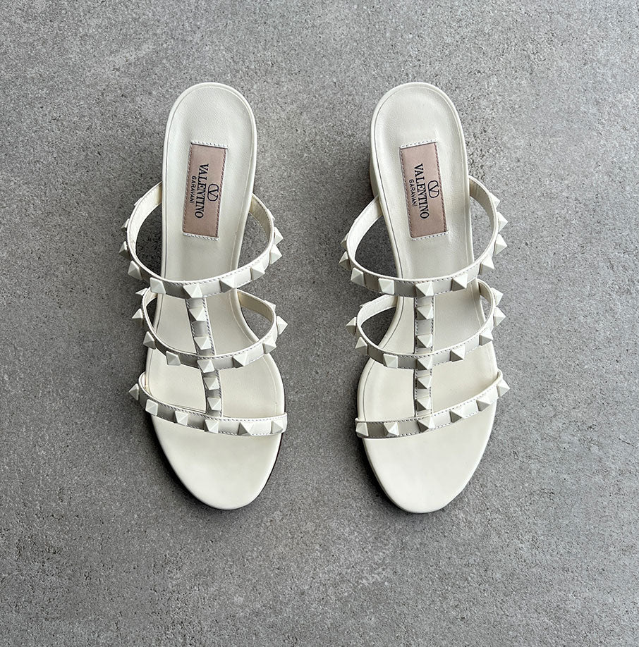 Valentino Rockstud Block Heel Mule Sandals 60mm in Ivory - Perfect for Weddings, Parties & Summer Outfits