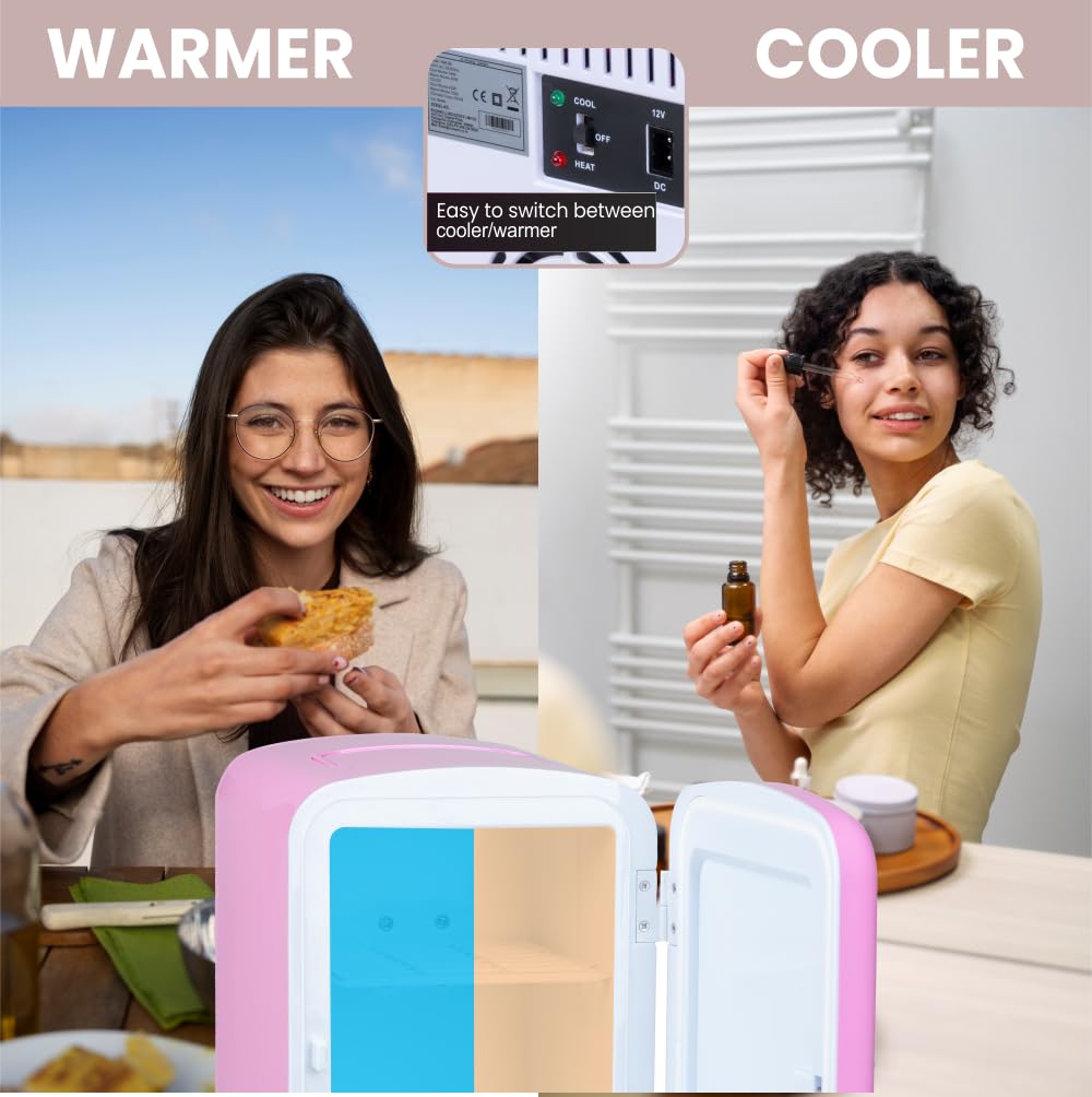 ROCKWELL 4L Retro Mini Fridge and Warmer - Portable Thermoelectric Cooler & Warmer for Skincare, Cosmetics, Medicine, Drinks & Snacks - AC/DC Power - Perfect for Bedroom, Office, Dorm & Travel - Pink