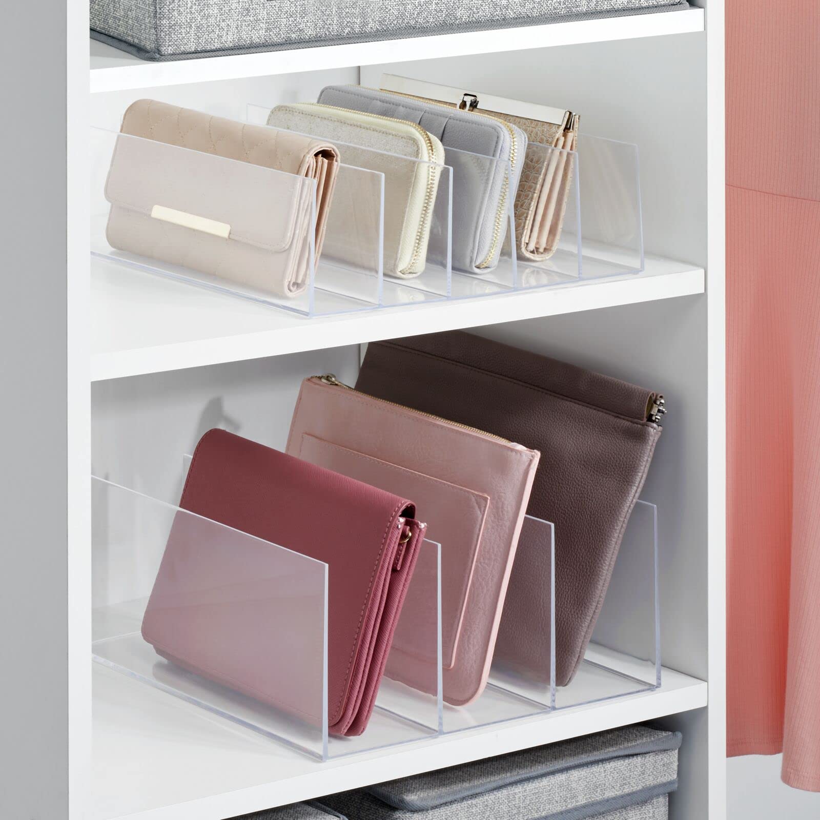 mDesign Plastic Purse & Handbag Organizer - 6-Section Closet Storage for Bags, Wallets, Clutches - Space-Saving Cabinet & Bedroom Organization - Clear Lumiere Collection - Perfect for Closet, Dresser & Travel Use