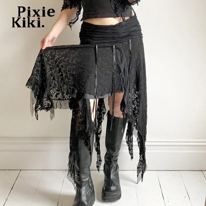 Black Lace Long Skirt - Low Rise Y2K Asymmetrical Skirt for Women | 2000s Vintage Style Summer Skirt | Perfect for Casual Wear, Night Out & Festival Outfits (P67 EZ20)