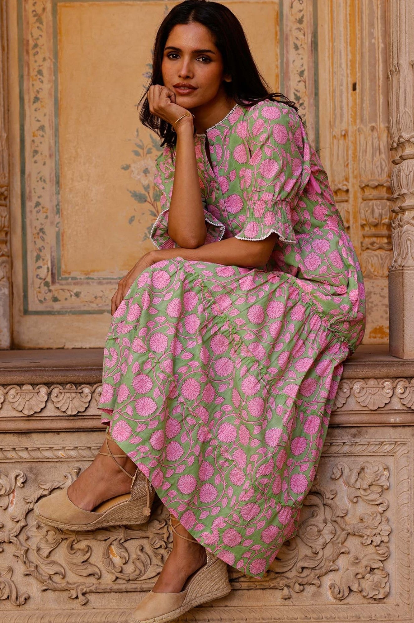 Organic Cotton Block Print Dress - Cordelia | Mara Green & Pink | Boho Chic Summer Dress for Beach, Vacation & Casual Wear