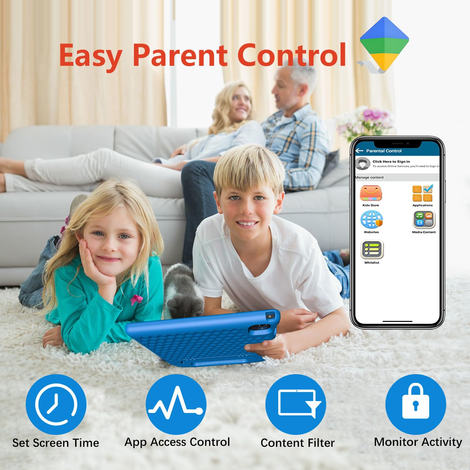 10 Inch Kids Tablet with Android 14 | 8GB RAM 64GB ROM Octa-Core Fast-Charging | Shockproof Case, Bluetooth, WiFi, Parental Control, Dual Camera, GPS | Perfect for Learning, Games & Travel Entertainment