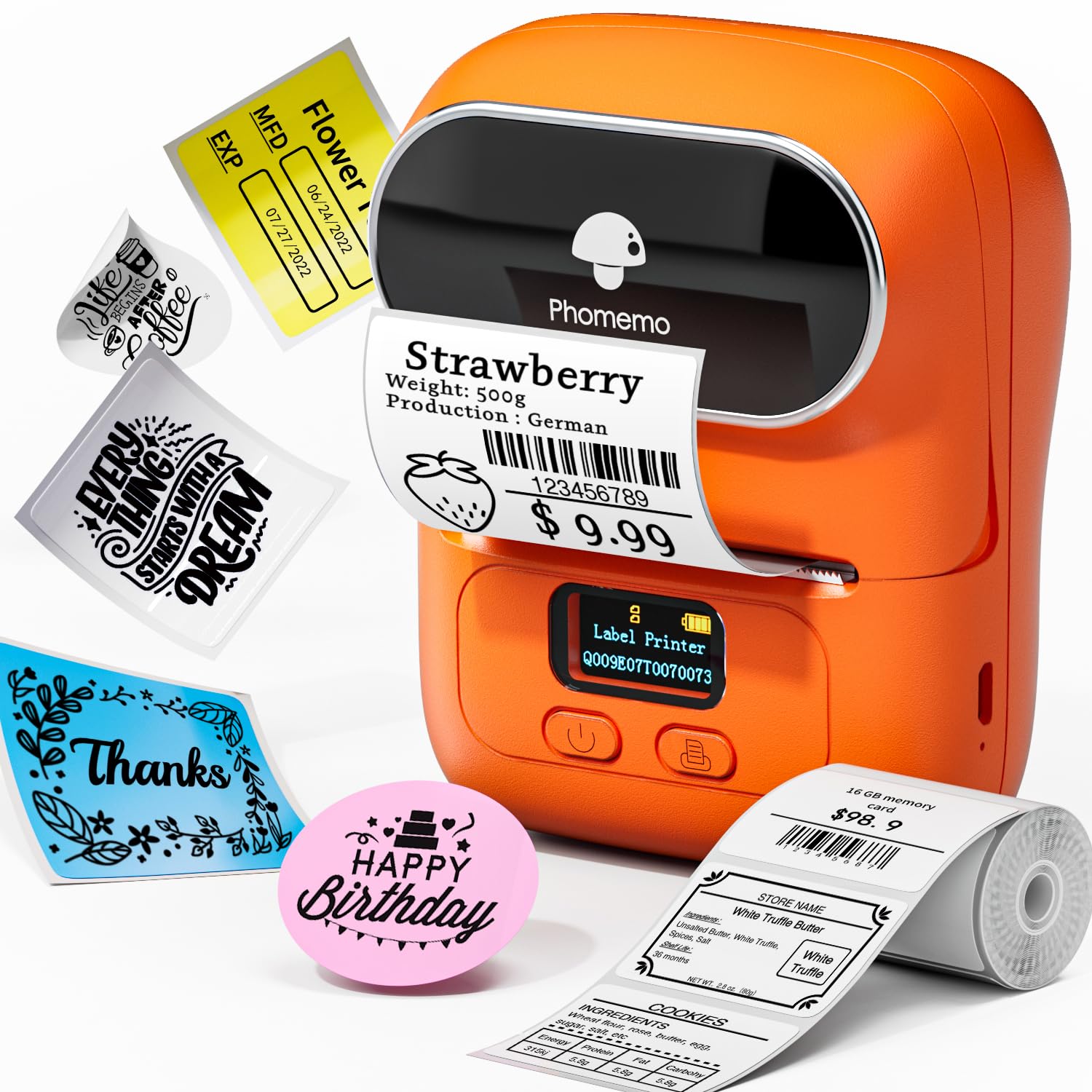 Phomemo M110 Portable Label Maker Machine - Barcode Sticker Printer for Price Tags, Logo, Address & Mailing | Home, Office & Small Business Use | Wireless Bluetooth Compatible with Phone & PC (Orange) | Perfect for Organizing, Shipping & Retail Labeling