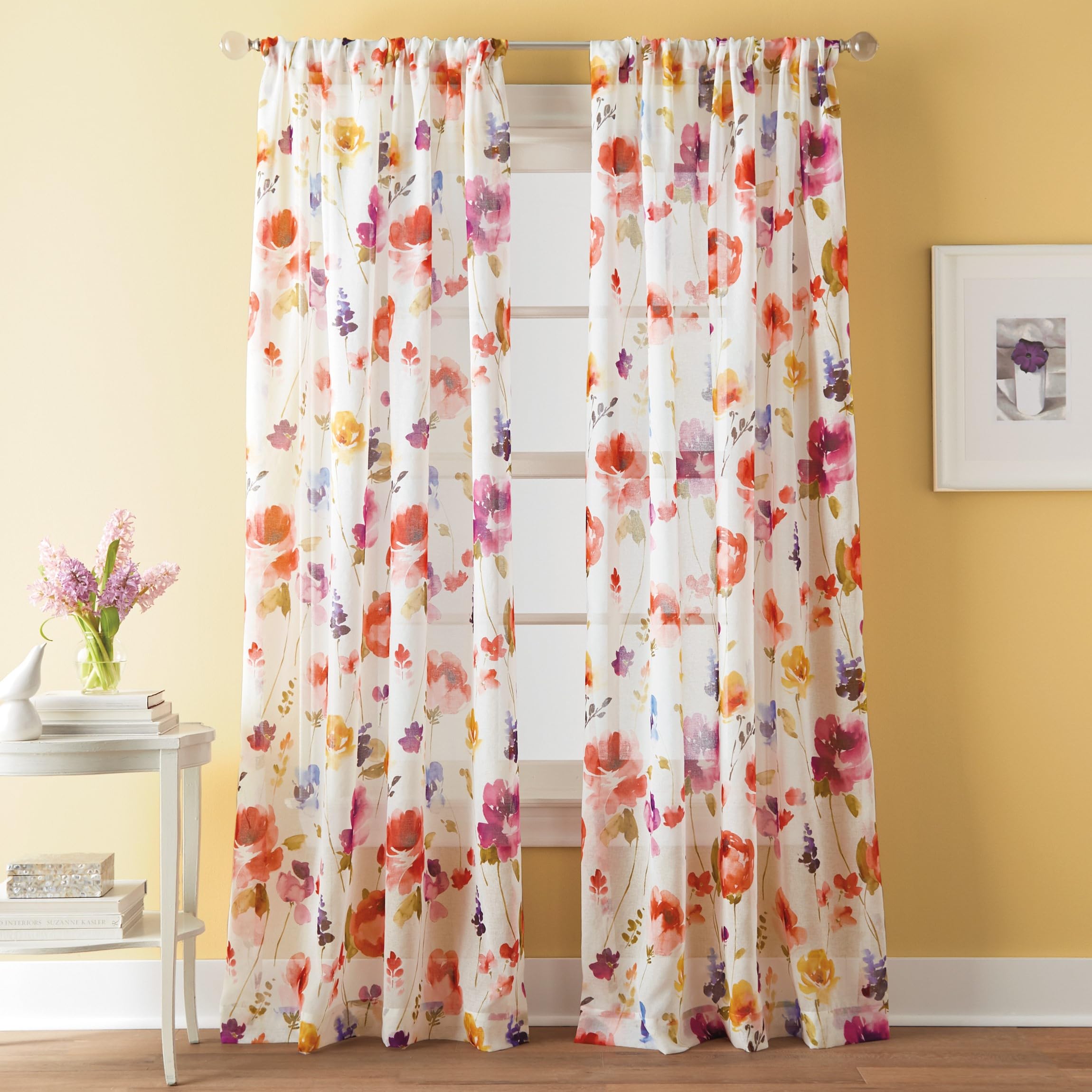 CHF Sabel Watercolor Floral Print Rod Pocket Single Curtain Panel - 84 Inch Length, Multi-Color Design for Living Room & Bedroom Window Decor