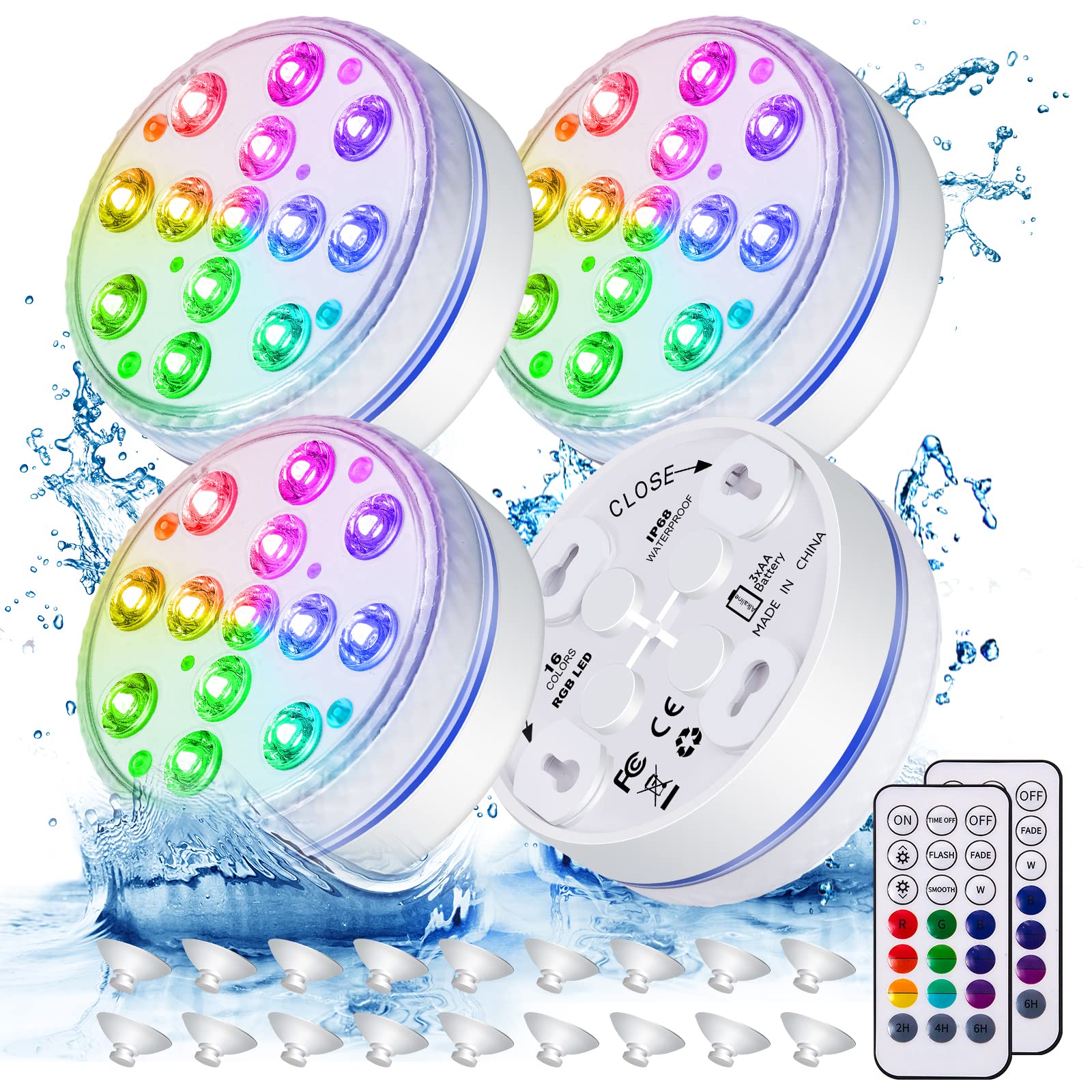 16 Color Changing LED Pool Lights - IP68 Waterproof Submersible Lights with Magnet & Suction Cups, RF Remote Control for Above Ground Pools, Ponds, Fountains (4 Pack) - Perfect for Backyard, Garden & Outdoor Water Decorations