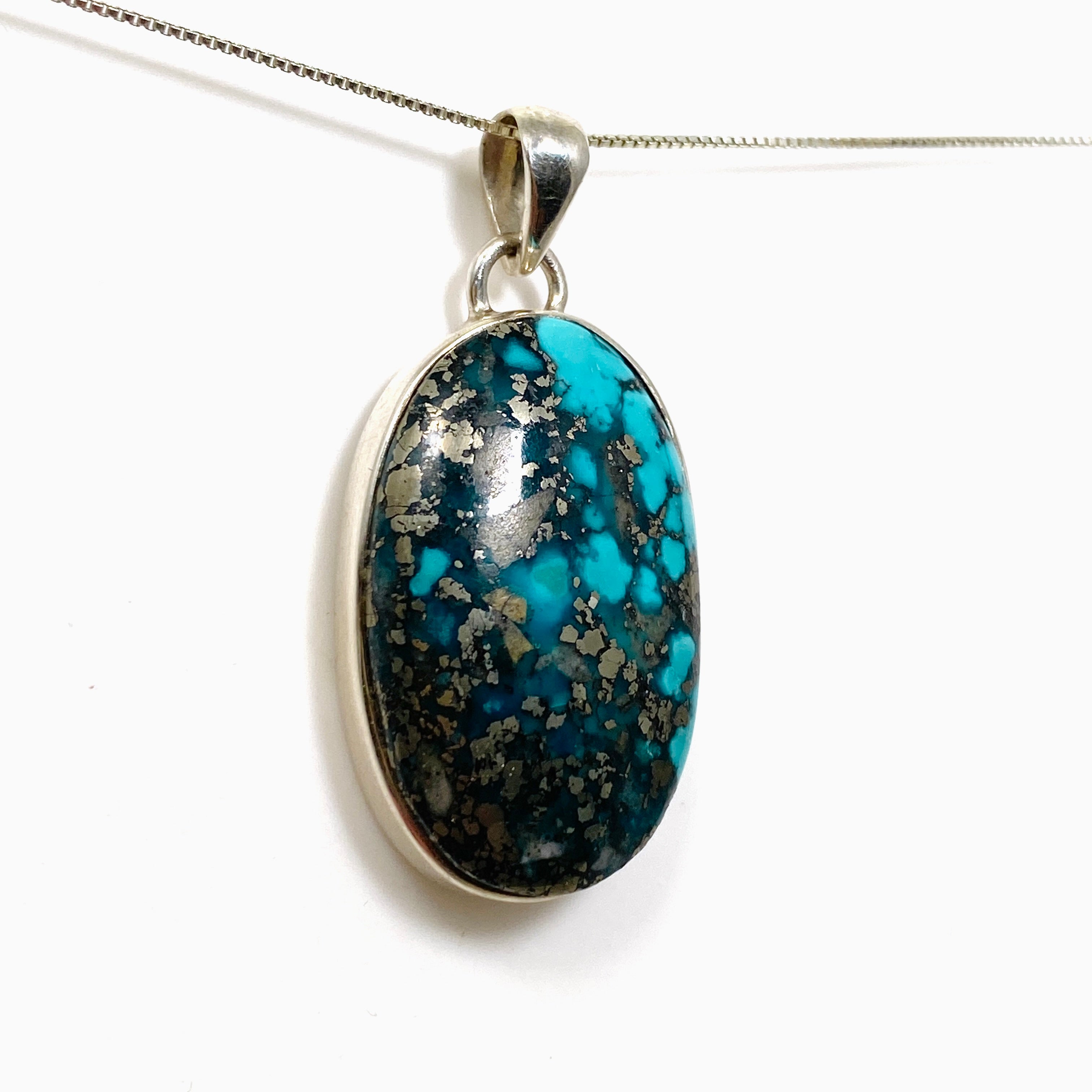 Natural Persian Turquoise with Pyrite Oval Cabochon Pendant - Genuine Iranian Gemstone Jewelry for Women - Perfect for Boho Chic & Southwest Style Outfits